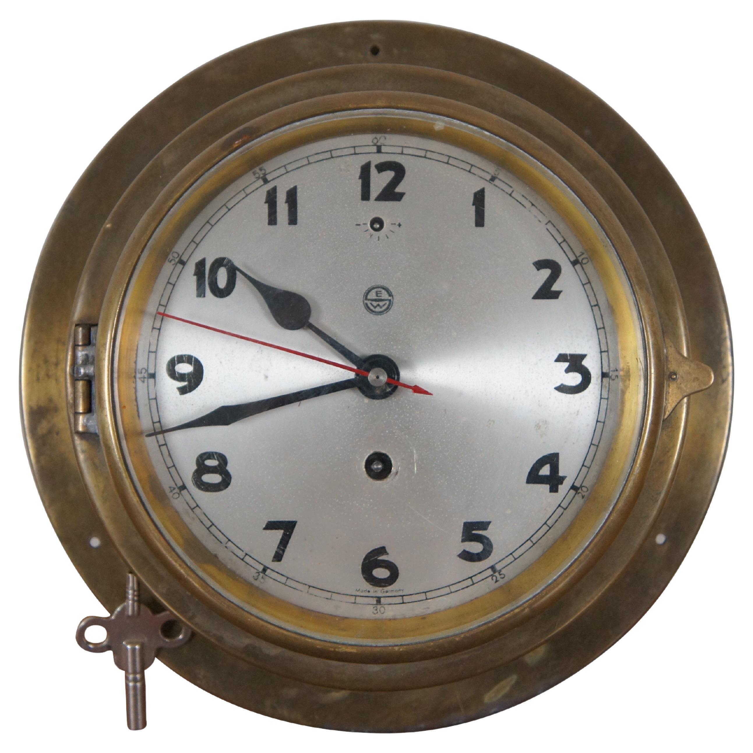Vintage German Brass Ships Porthole Nautical Boat Wall Clock Mechanical Movement For Sale