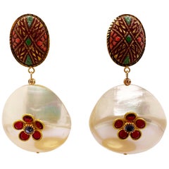 Vintage German Cabochon with Red Blossoming Rhinestone on Shell Earrings