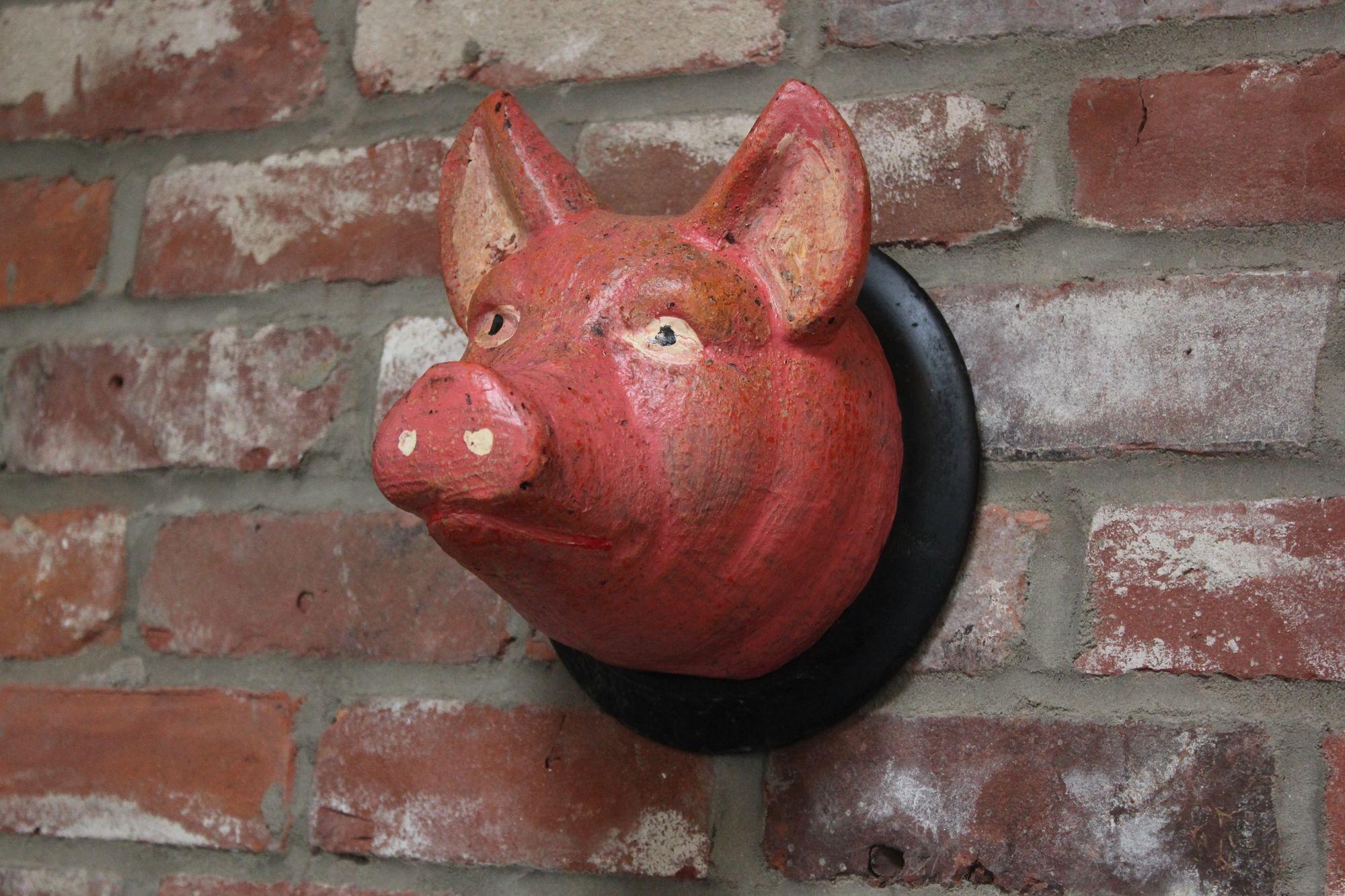 Wood Vintage German Carved and Painted Black Forest Pig Mounted Wall Sculpture For Sale