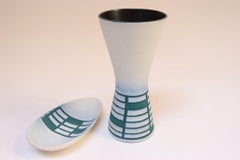 Vintage German Ceramic Diabolo Vase and Dish Set in Teal and White by Steuler