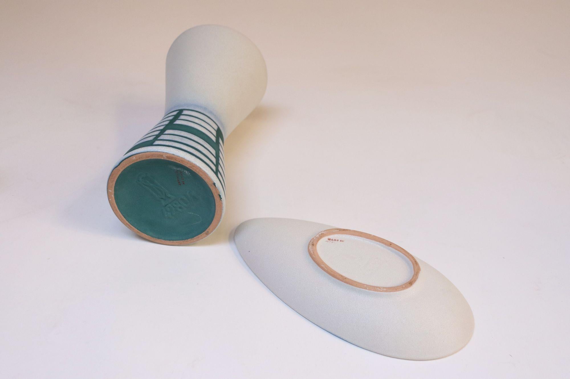 Deutsche Diabolo-Vase und Schale aus Keramik in Teal und Weiß von Steuler, Vintage im Zustand „Gut“ im Angebot in Brooklyn, NY