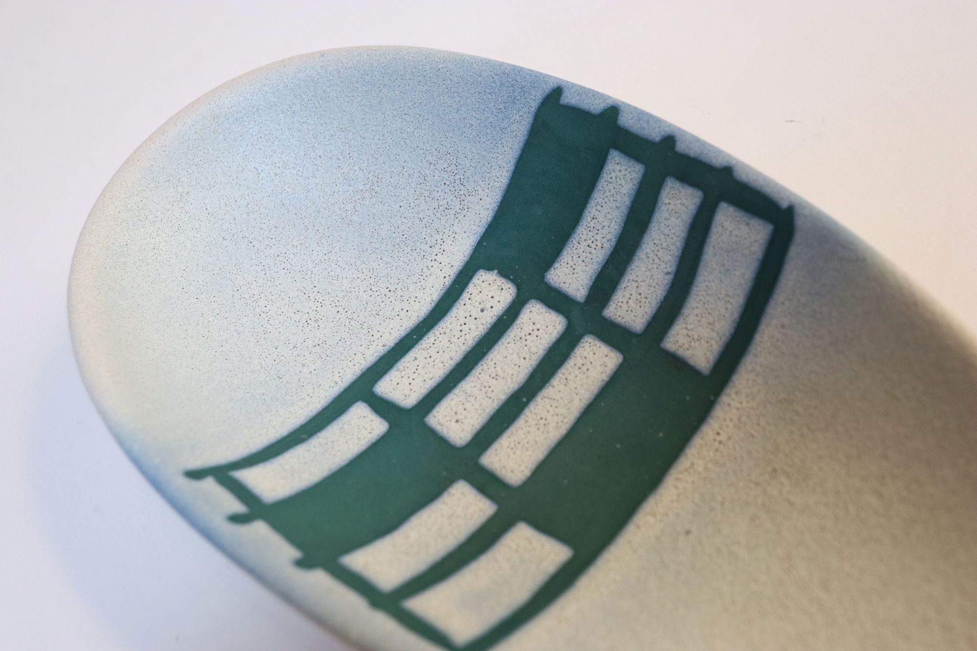 Deutsche Diabolo-Vase und Schale aus Keramik in Teal und Weiß von Steuler, Vintage im Angebot 2
