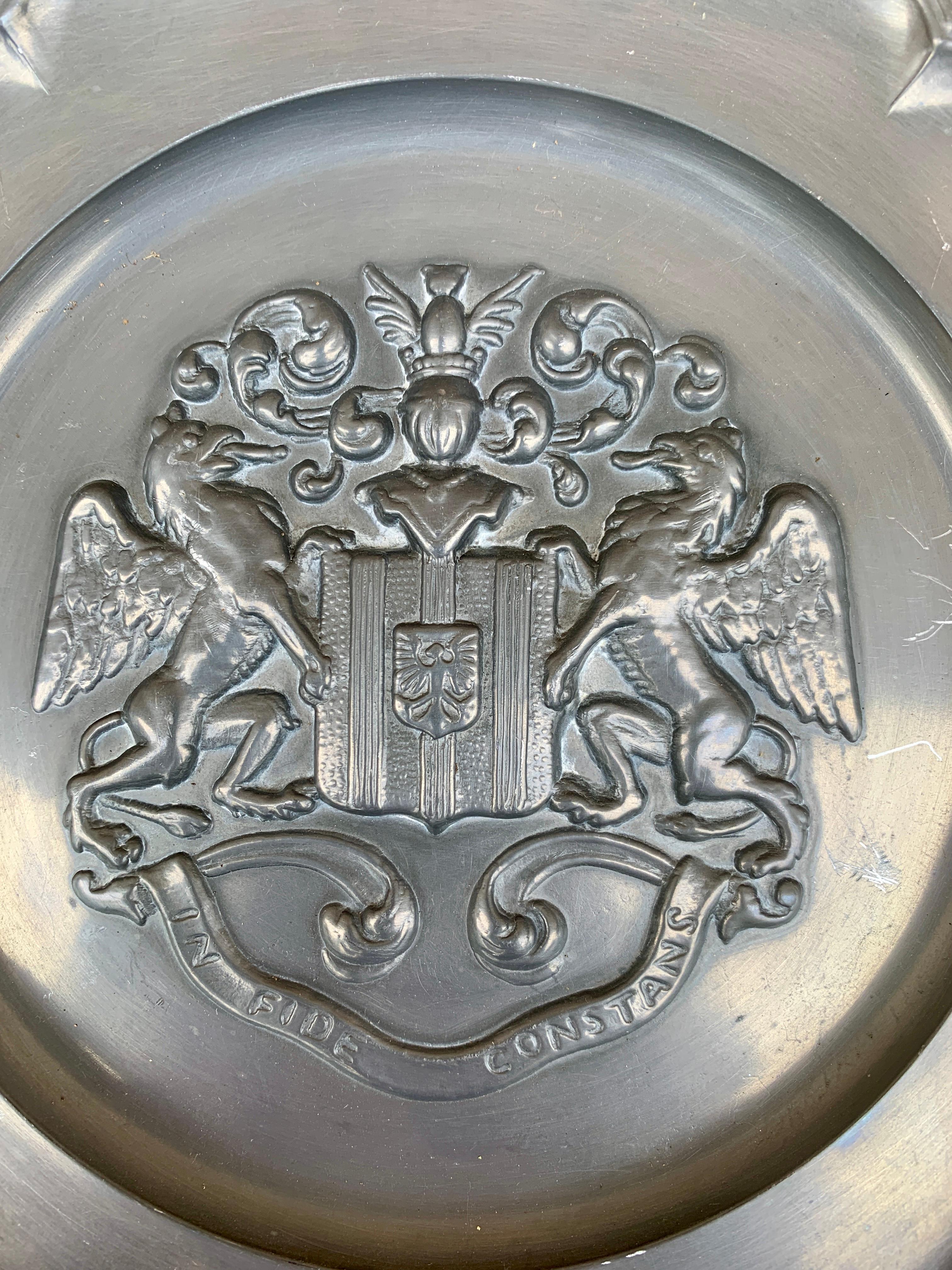 Rustic Vintage German Coat of Arms Heraldry Pewter Wall Plate For Sale