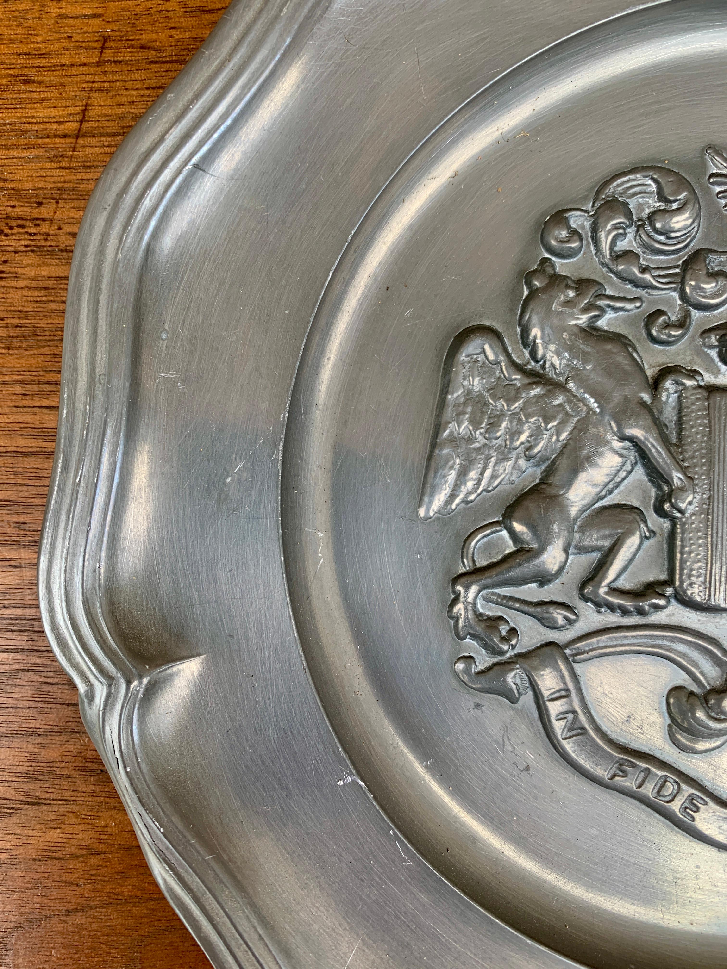 Vintage German Coat of Arms Heraldry Pewter Wall Plate In Good Condition For Sale In Elkhart, IN