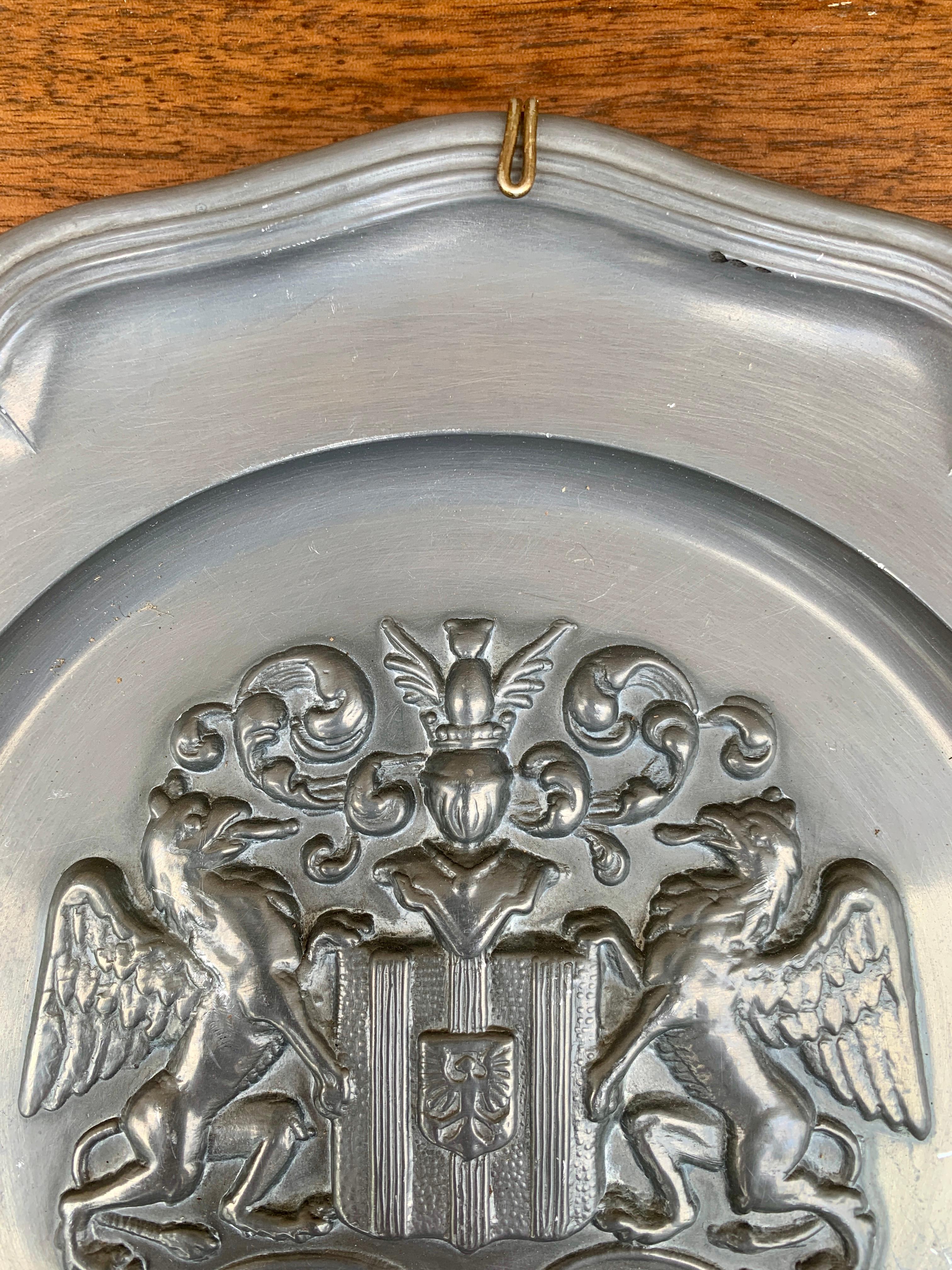20th Century Vintage German Coat of Arms Heraldry Pewter Wall Plate For Sale