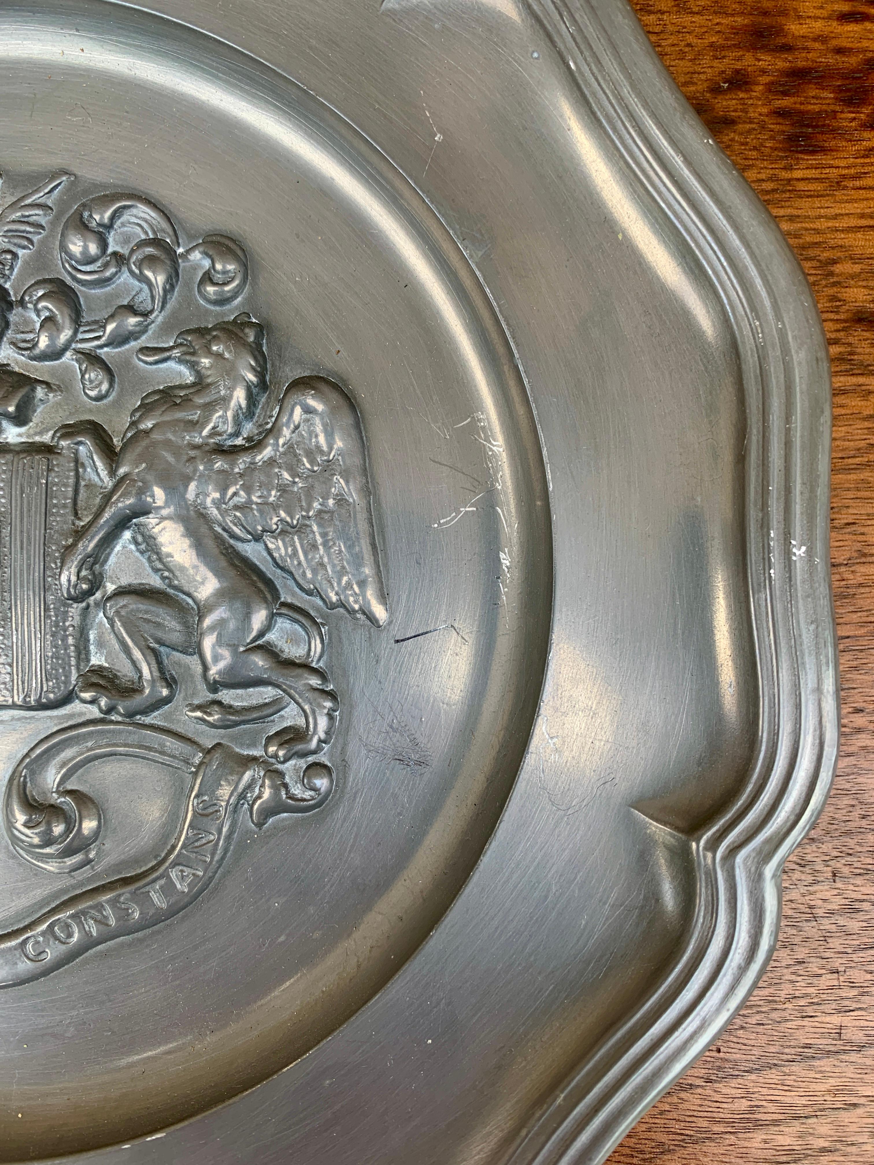 Vintage German Coat of Arms Heraldry Pewter Wall Plate For Sale 1