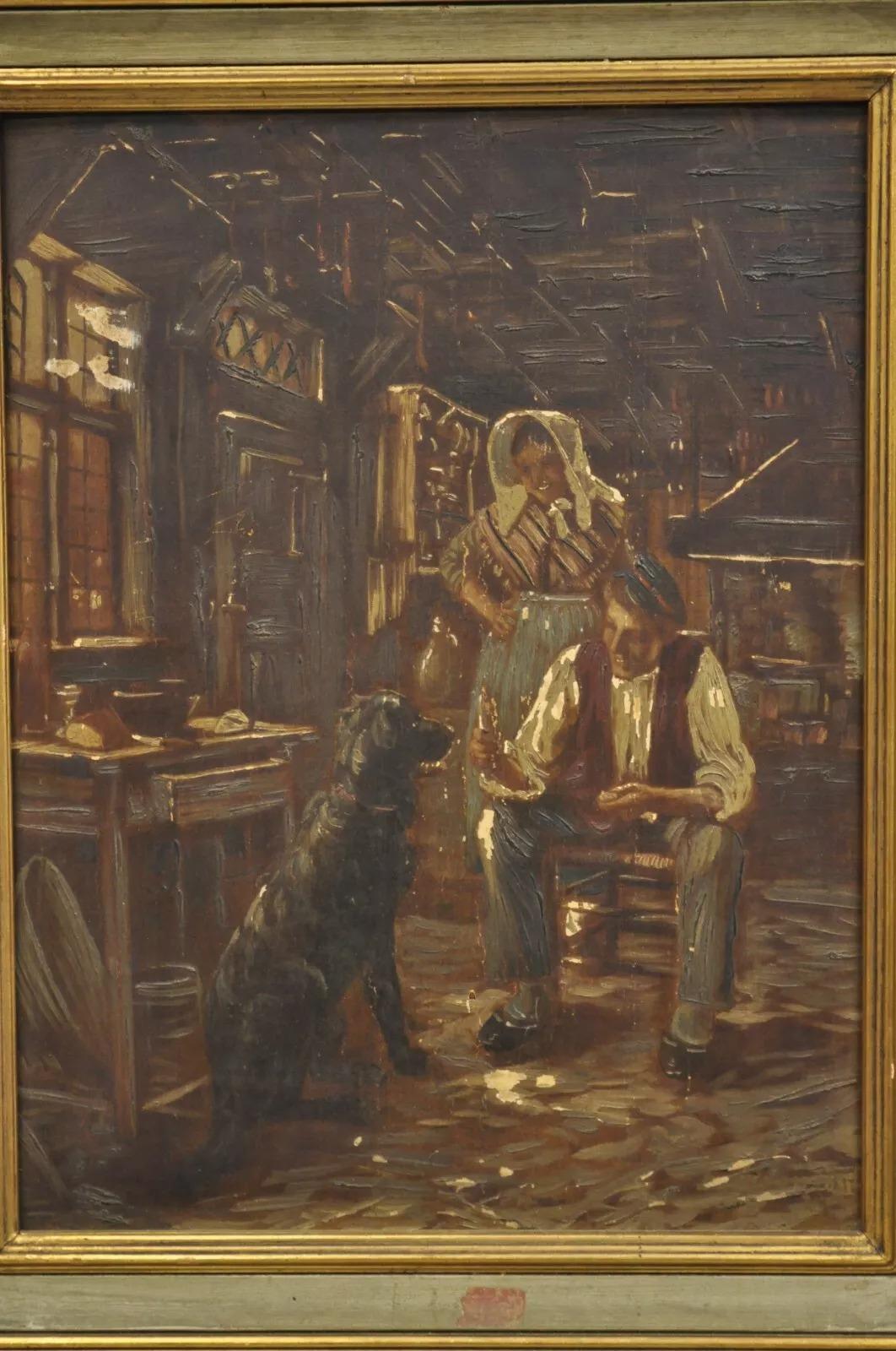 Vintage German Country Gentlemen Frau und Hund Italienisch gerahmte Malerei. Circa Mitte des 20. Jahrhunderts. Abmessungen: 17