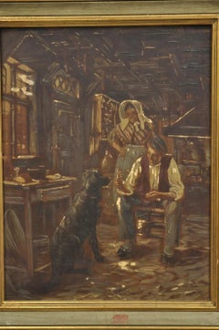 Vintage Country Gentlemen Donna e Cane Pittura italiana con cornice