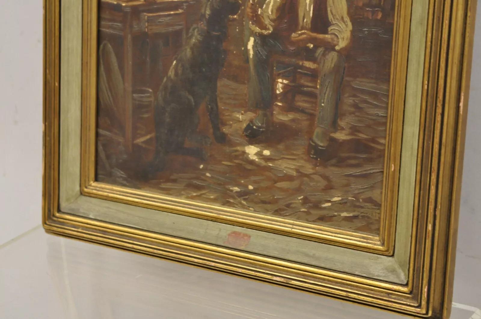 Italienisches gerahmtes Gemälde, German Country Gentlemen, Frau und Hund, Vintage (Holz) im Angebot