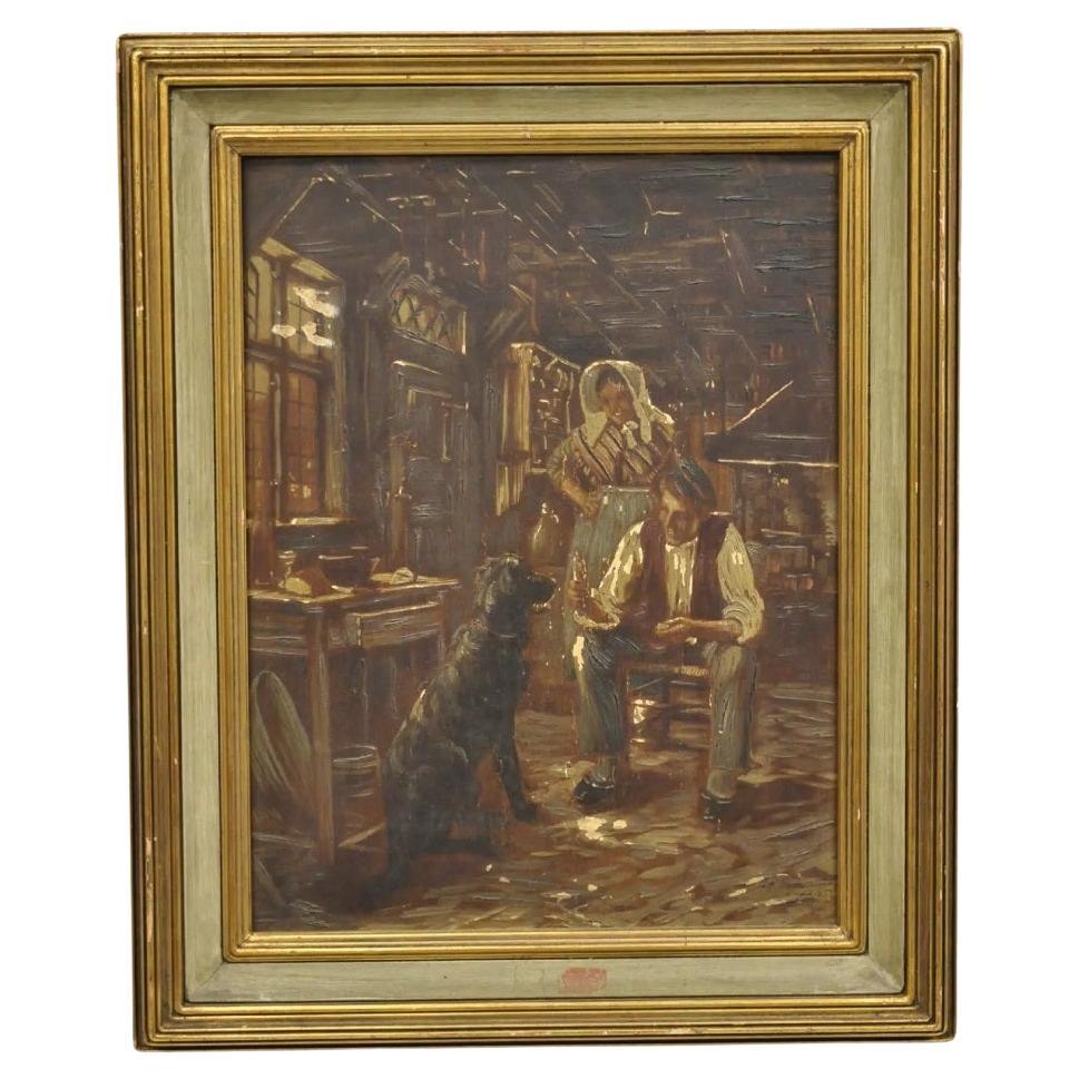Italienisches gerahmtes Gemälde, German Country Gentlemen, Frau und Hund, Vintage im Angebot
