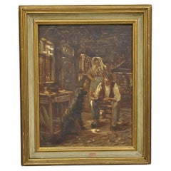 Vintage German Country Gentlemen Woman and Dog Italian Framed Painting