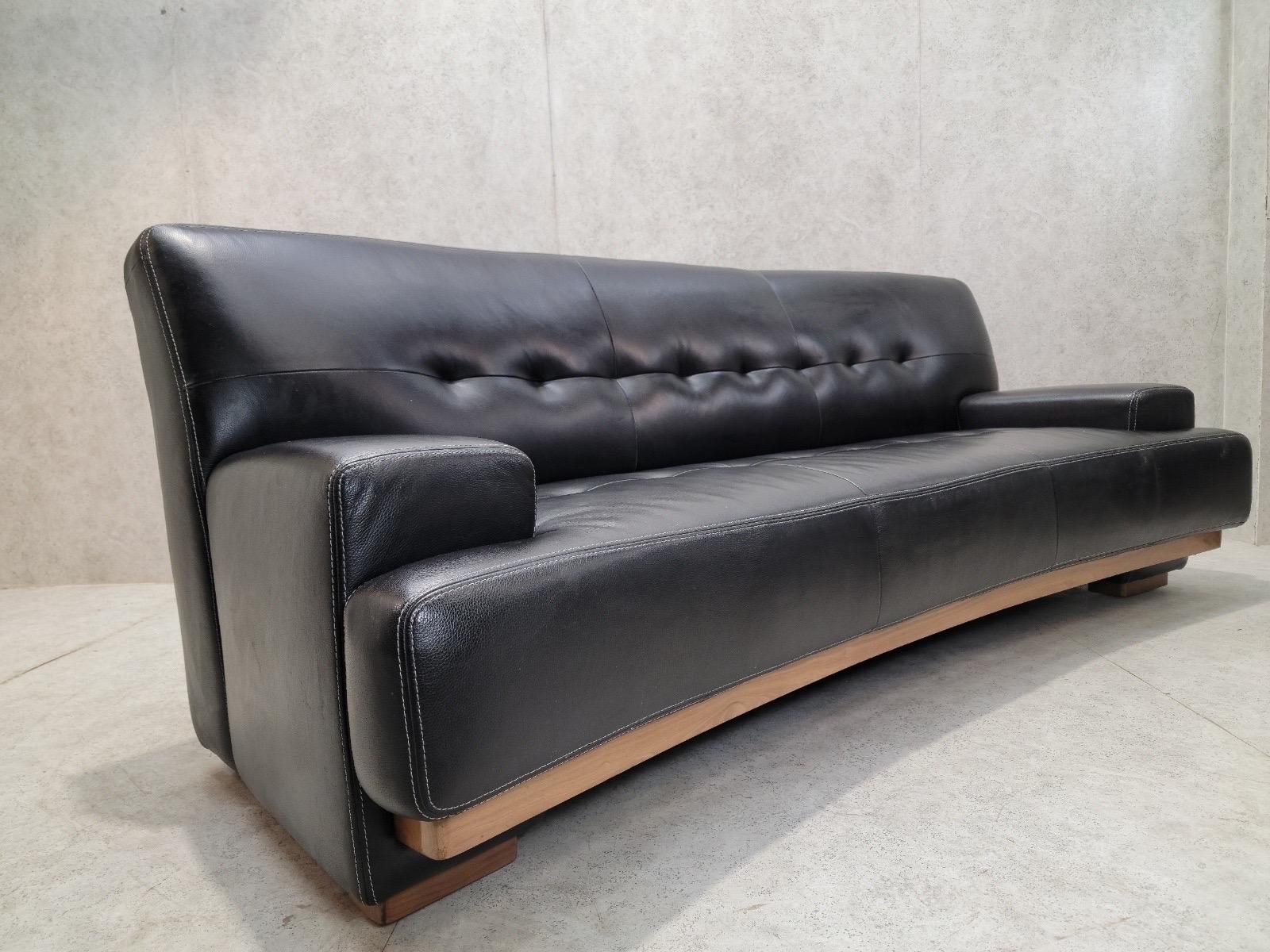 Mid-Century Modern Vintage German Curved Black Leather Mandalay Sofa By W. Schillig For Sale
