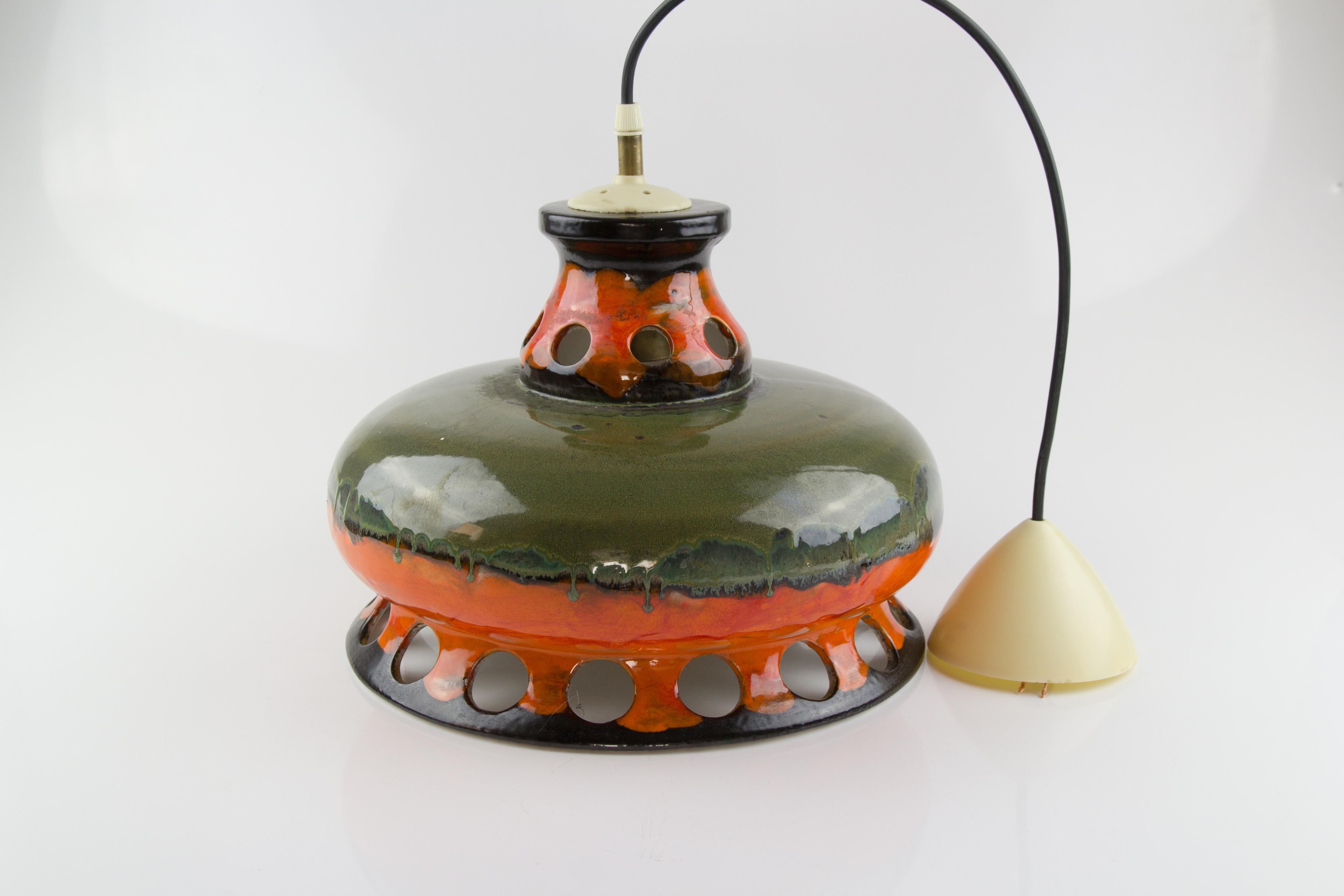 Vintage German Fat Lava Orange, Green and Black Ceramic Pendant Light, 1960s For Sale 3