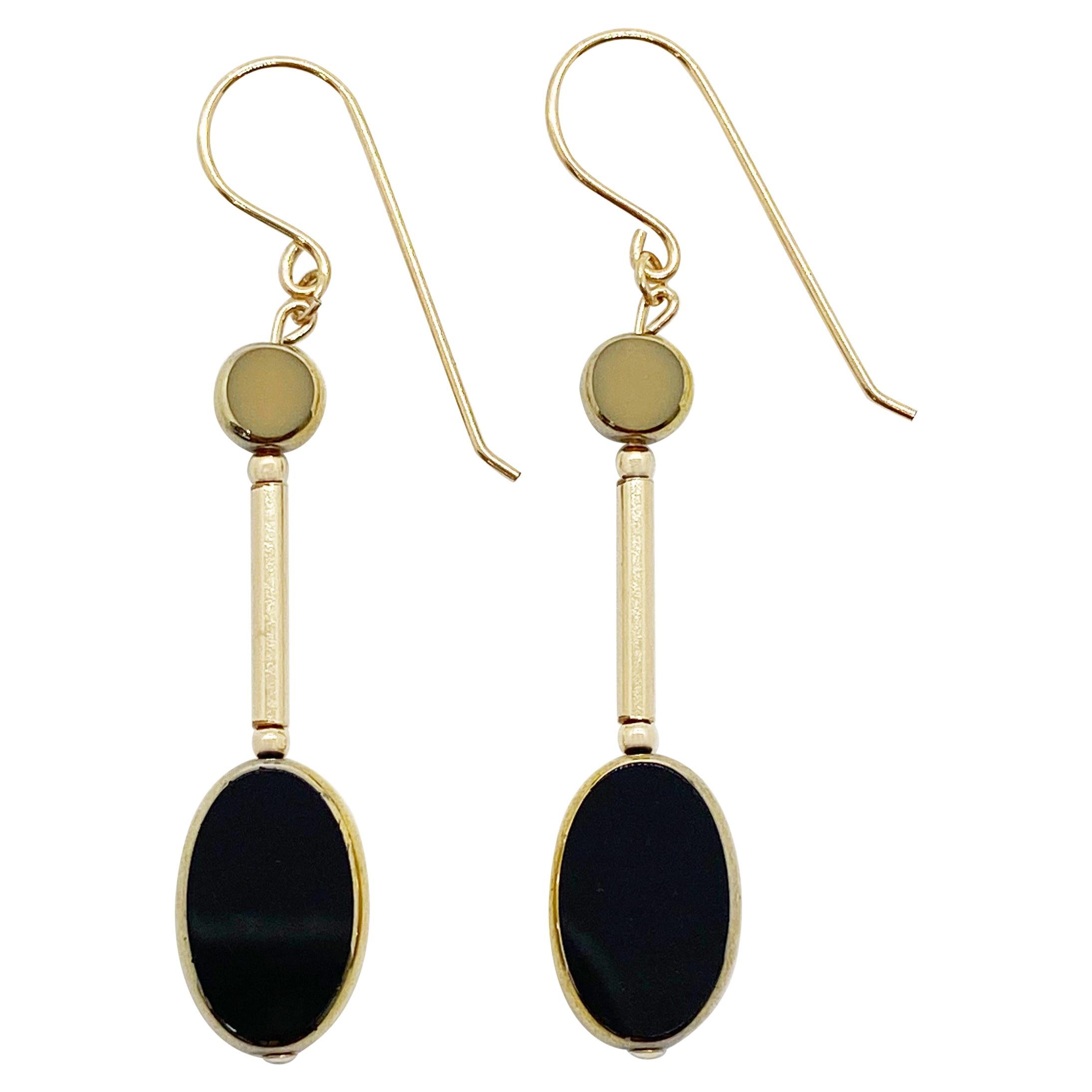 Vintage German Glass Beads edged with 24K gold, Black Paddle Earrings For Sale