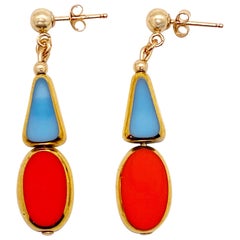 Vintage German Glass Beads edged with 24K gold Blue & Orange Art Deco Earrings