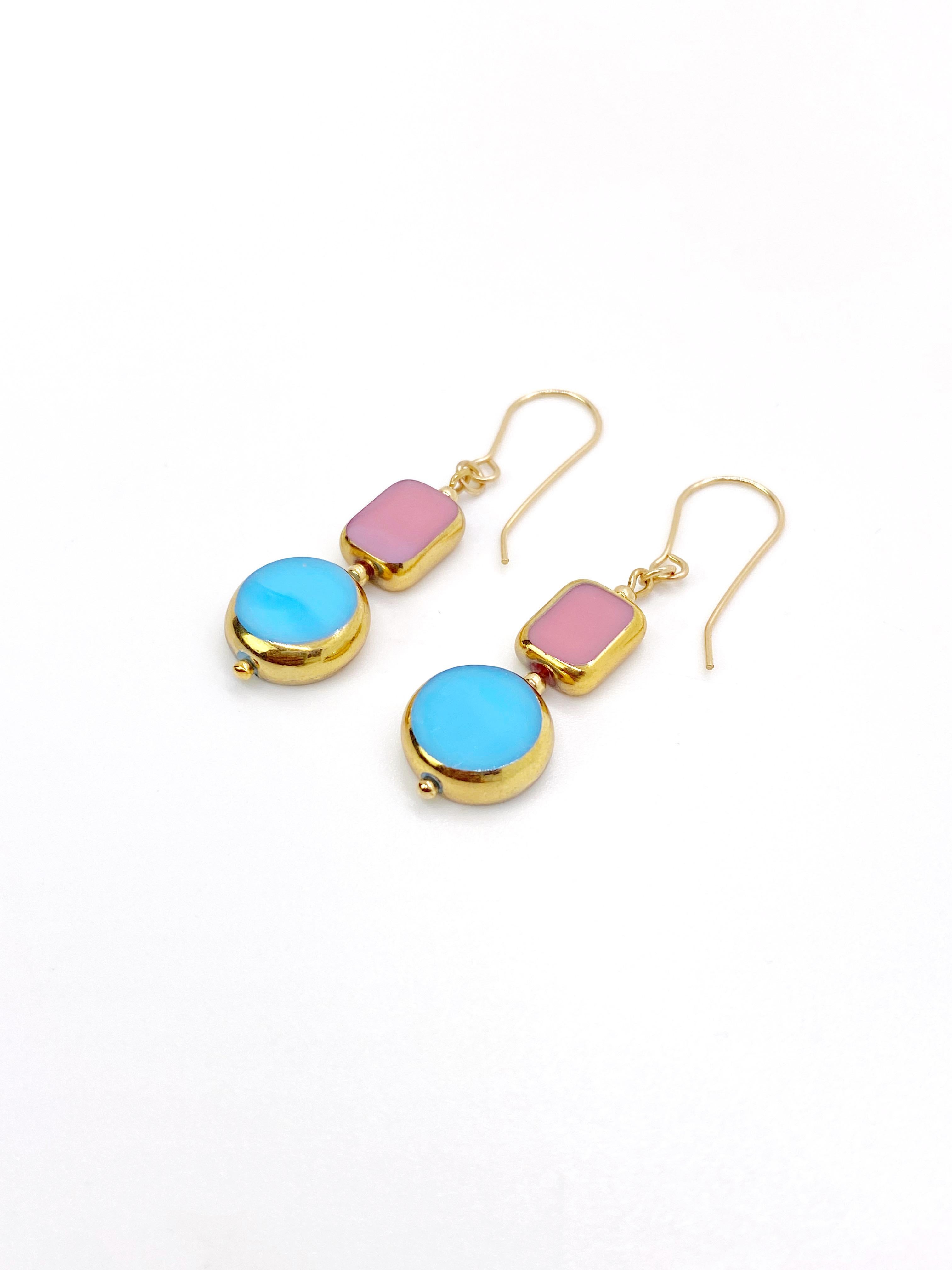 Retro Vintage German Glass Beads edged with 24K gold Blue & Pink Art Deco Earrings For Sale