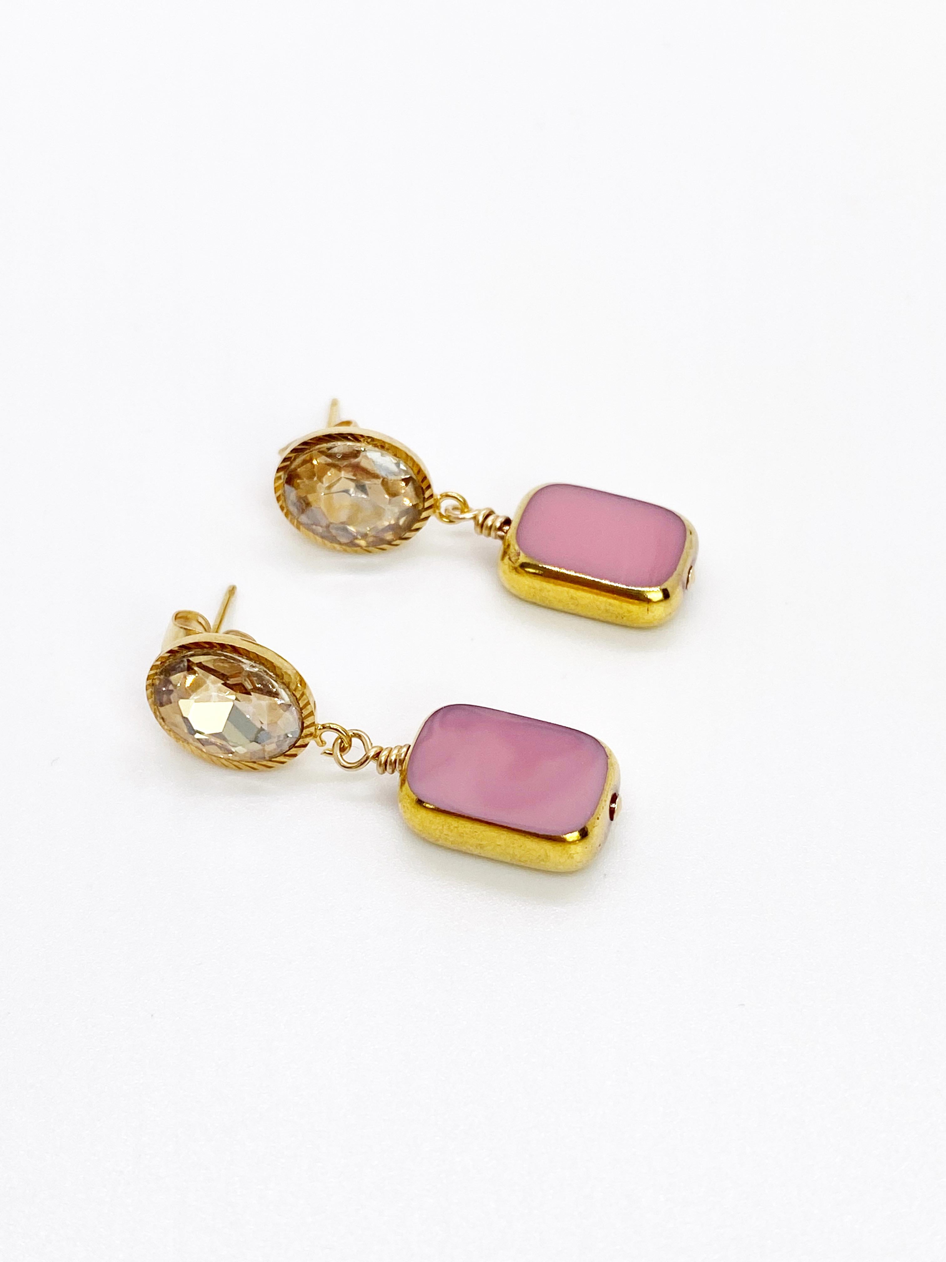 Contemporary Vintage German Glass Beads edged with 24K gold, Pastel Pink Earrings For Sale