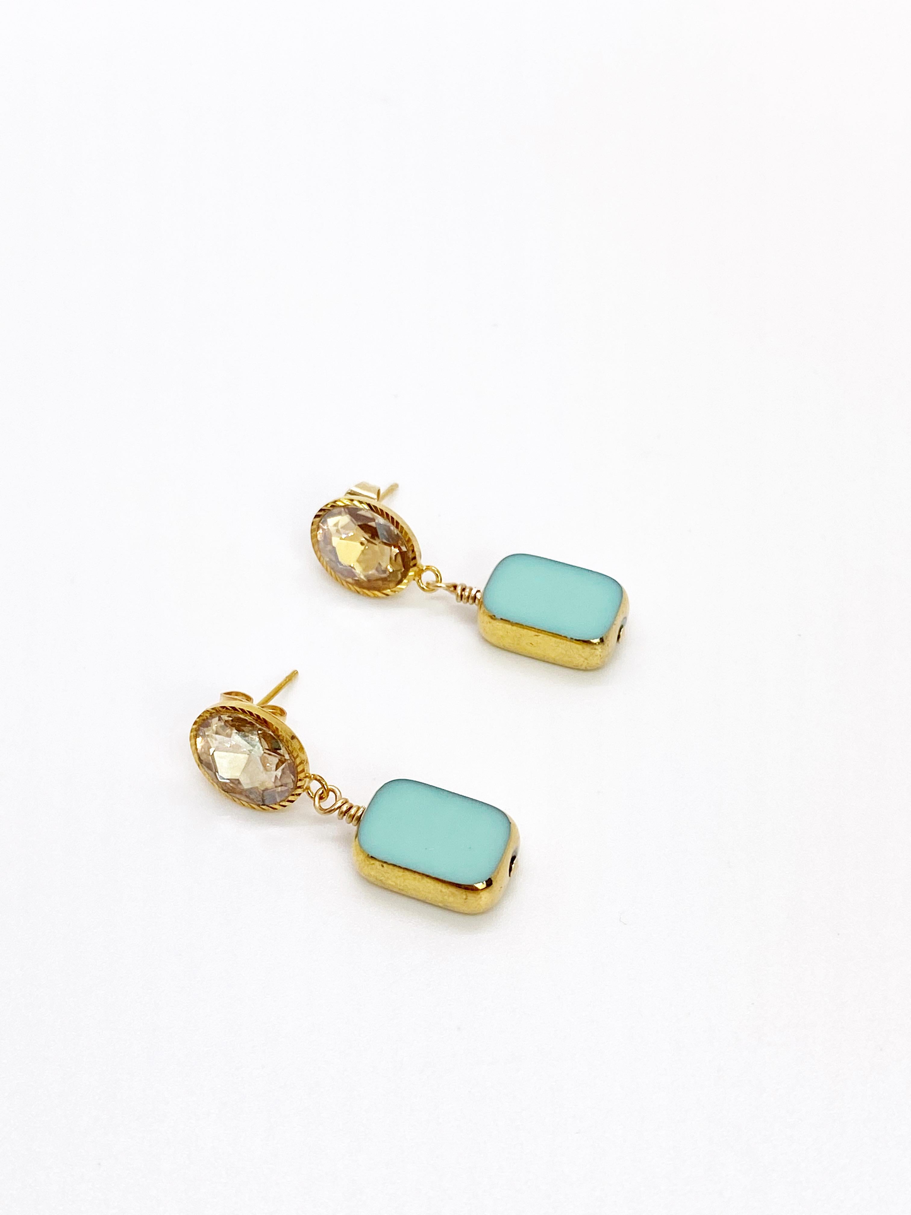 Contemporary Vintage German Glass Beads edged with 24K gold, Sea Foam Green Earrings For Sale