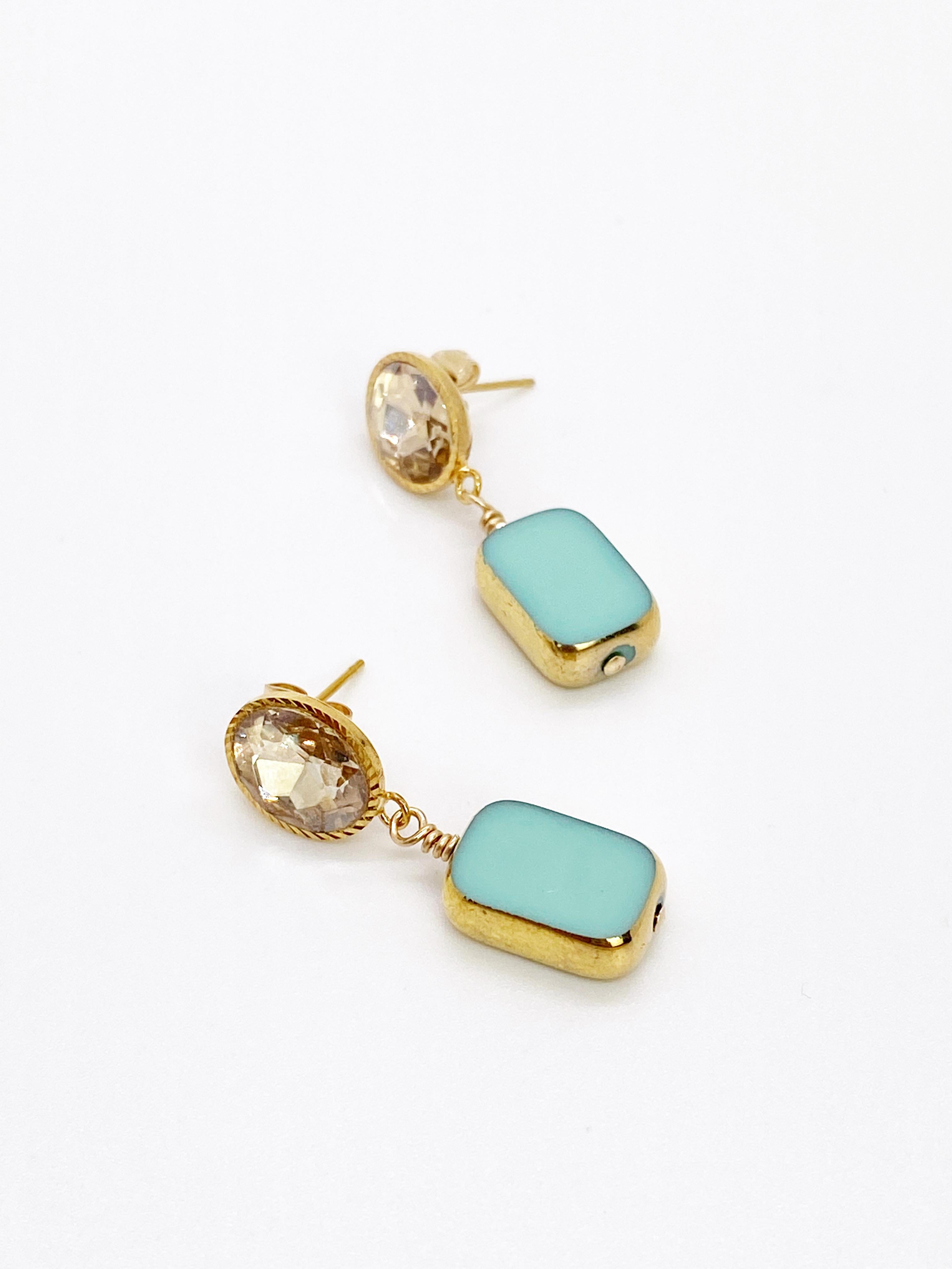 Vintage German Glass Beads edged with 24K gold, Sea Foam Green Earrings In New Condition For Sale In Monrovia, CA