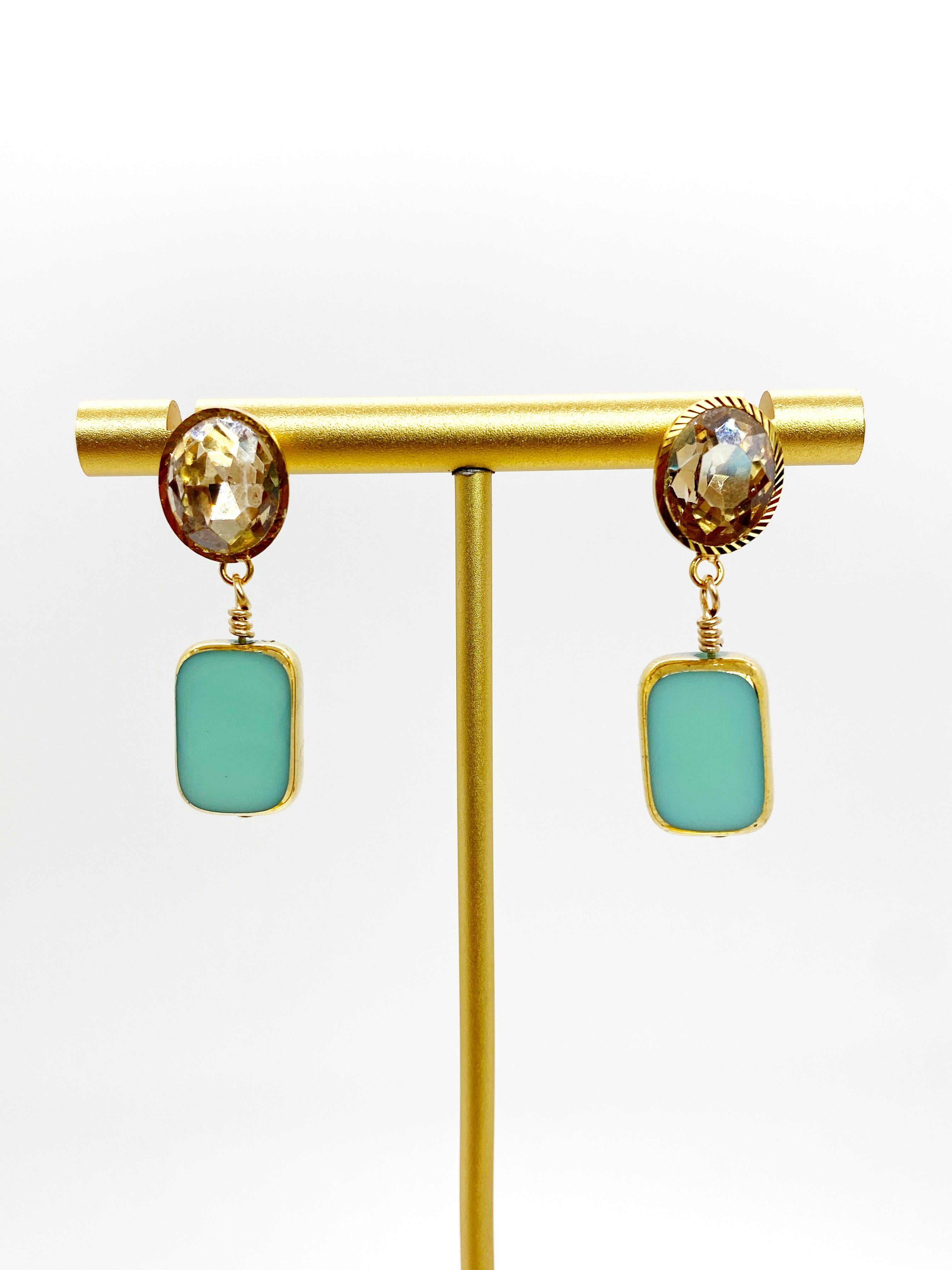 Women's Vintage German Glass Beads edged with 24K gold, Sea Foam Green Earrings For Sale