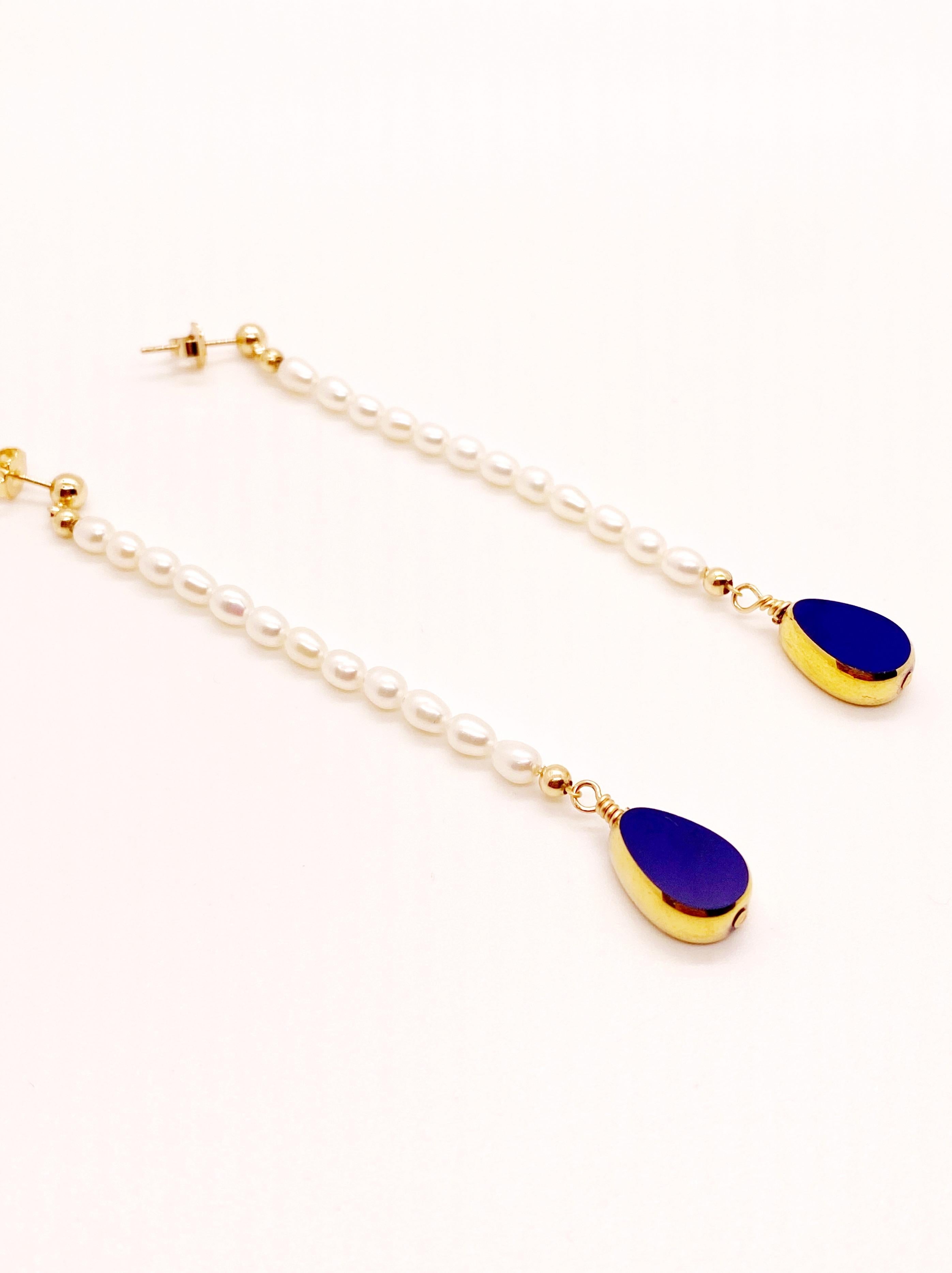 Uncut Vintage German Glass Beads edged with 24K gold Teardrop on Pearl Dangle Earrings