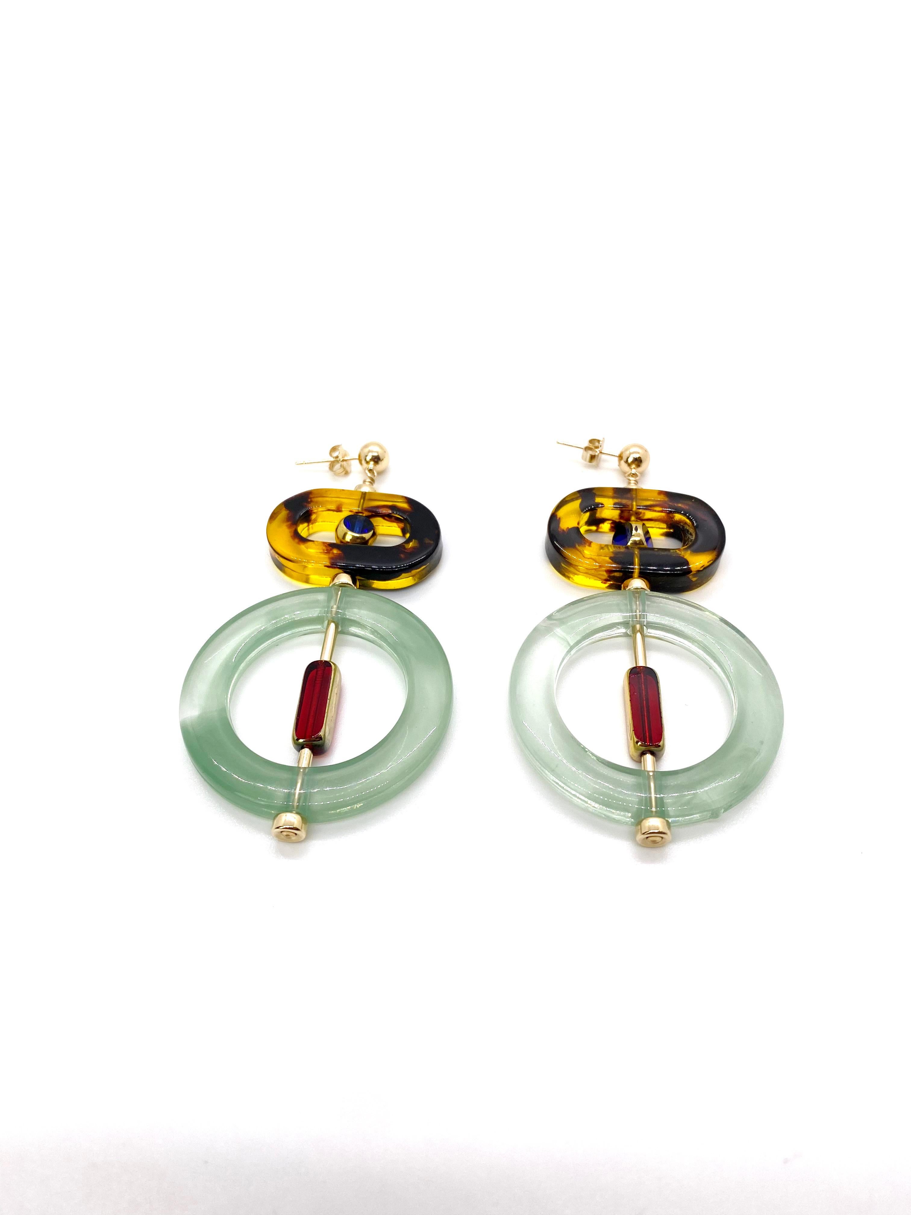 Vintage German Glass Beads, Green Orbit Art Deco Earrings In New Condition In Monrovia, CA