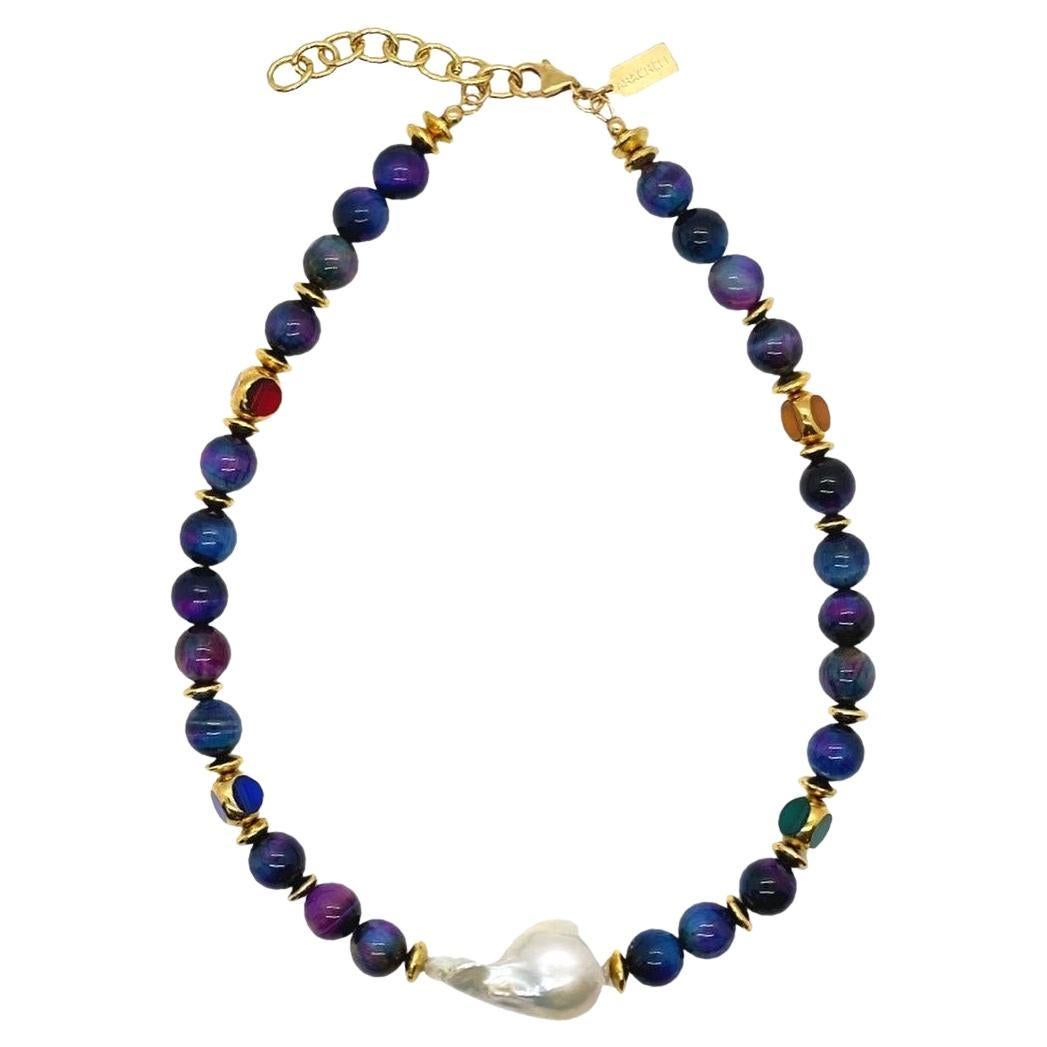Vintage German Glasperlen mit blauen Tigerauge-Perlen Halskette im Angebot