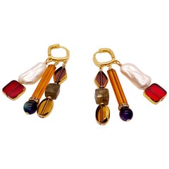 Retro German Glass with gold, Pearls, Stones Earrings