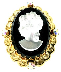 Vintage German Gold Filigree Carved Glass Cameo & Austrian Crystal Brooch
