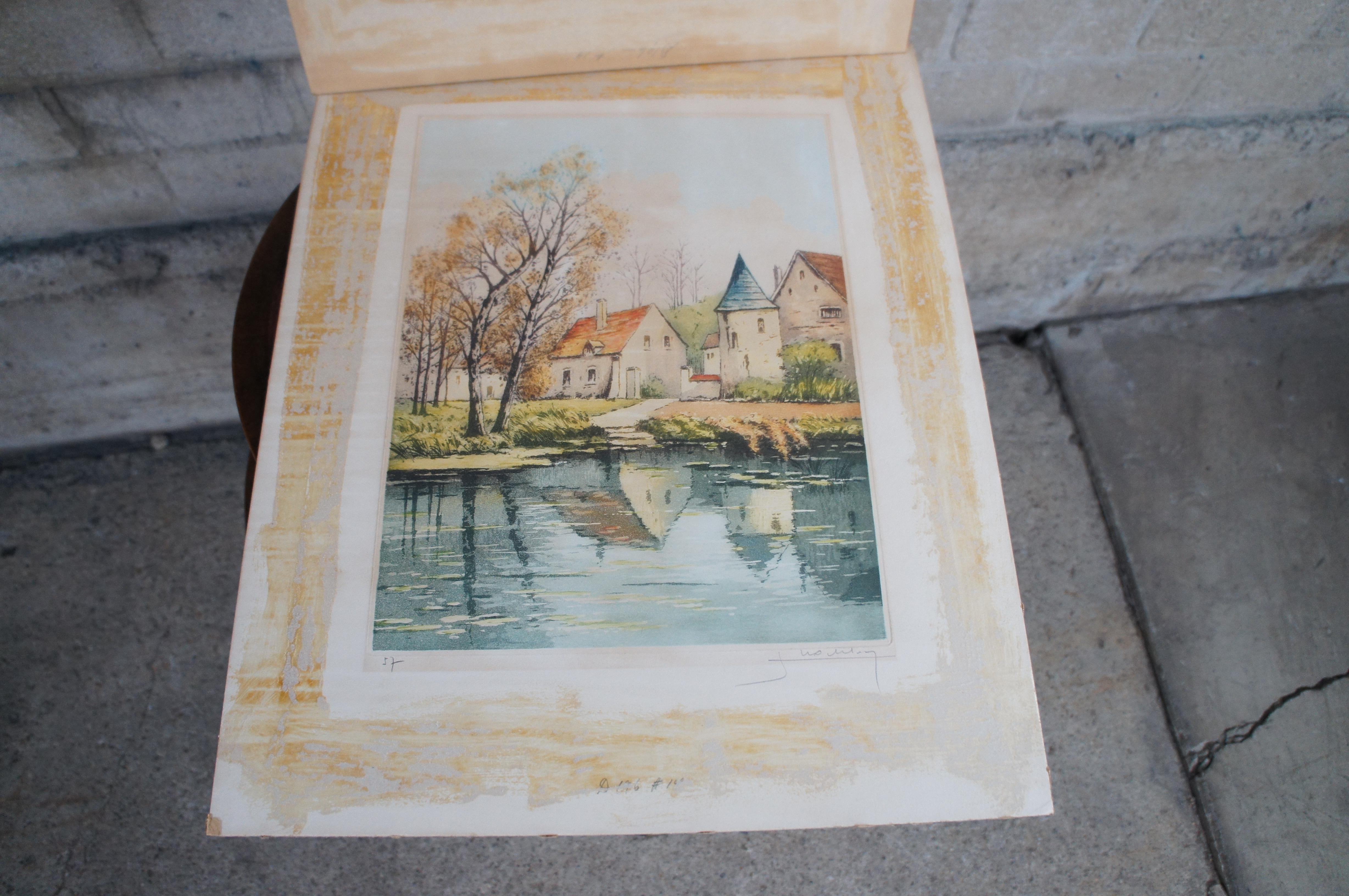 Deutsche handsignierte farbige Radierung European Cottage River Landscape 18