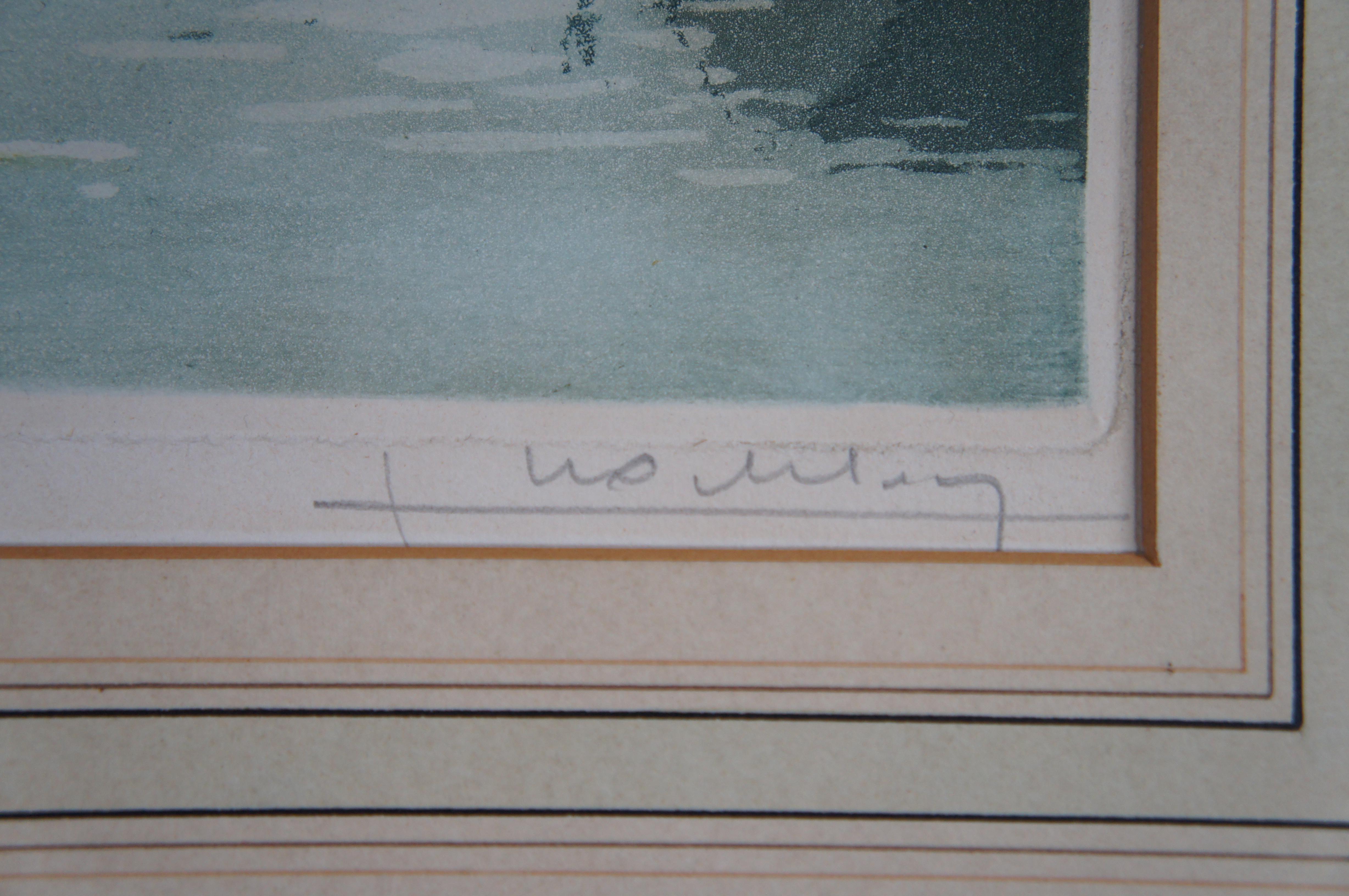 Deutsche handsignierte farbige Radierung European Cottage River Landscape 18