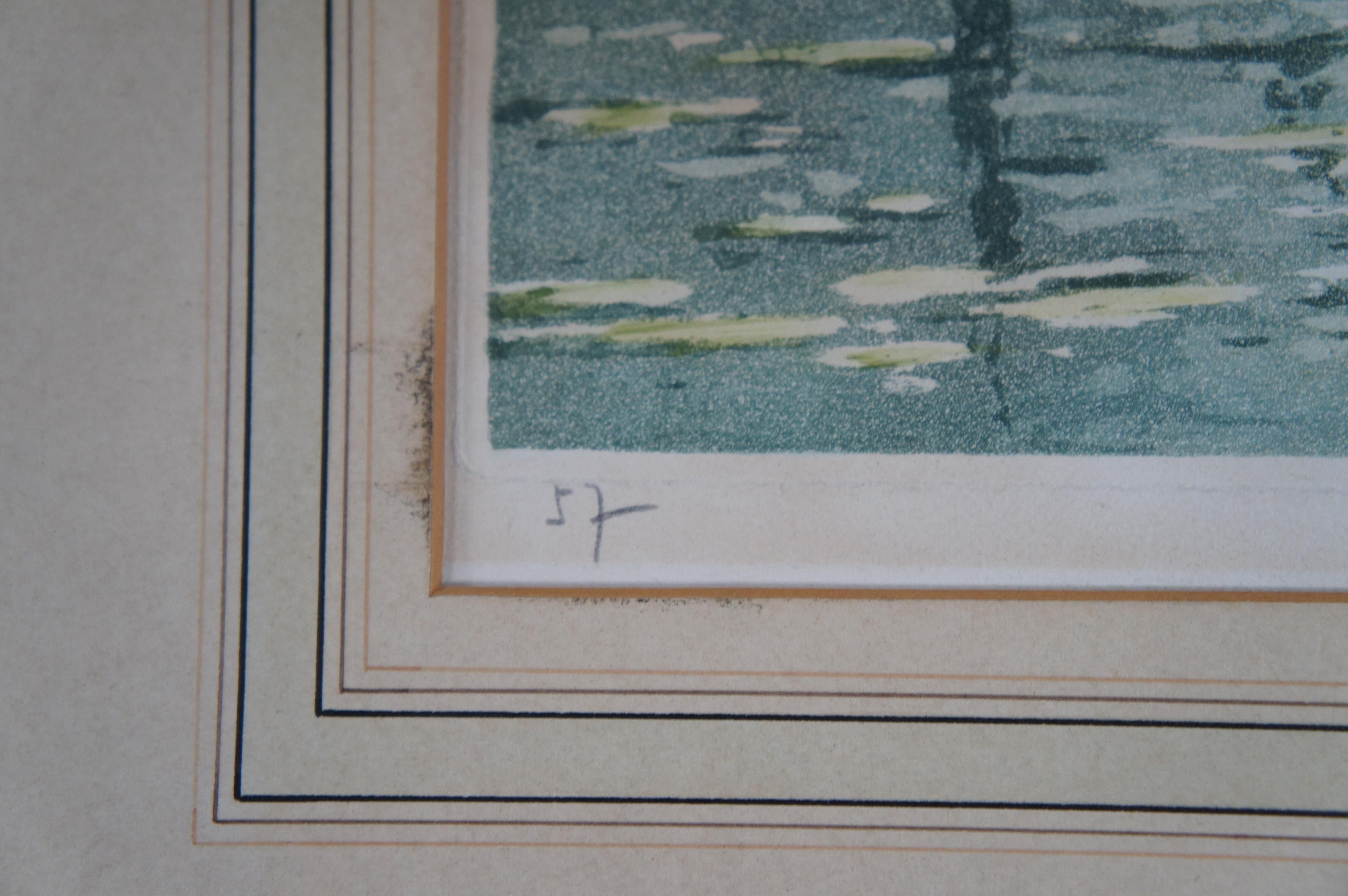 Deutsche handsignierte farbige Radierung European Cottage River Landscape 18