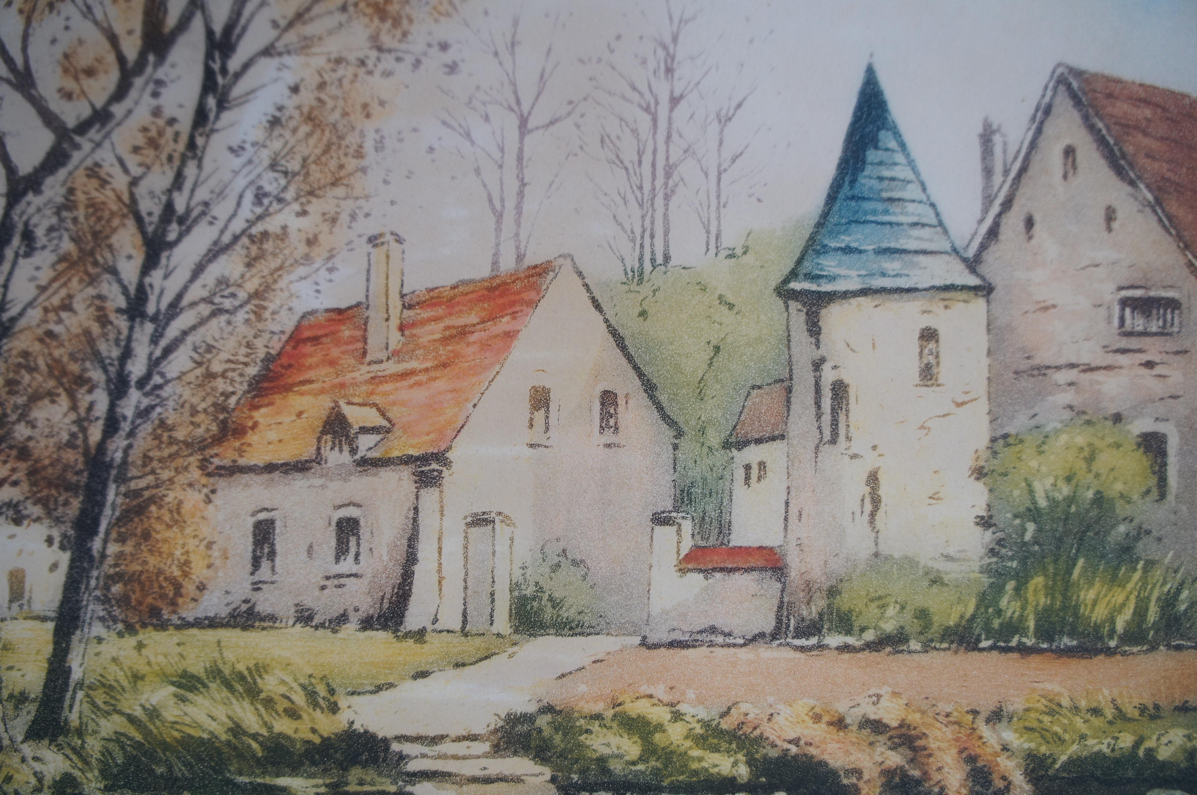 Deutsche handsignierte farbige Radierung European Cottage River Landscape 18