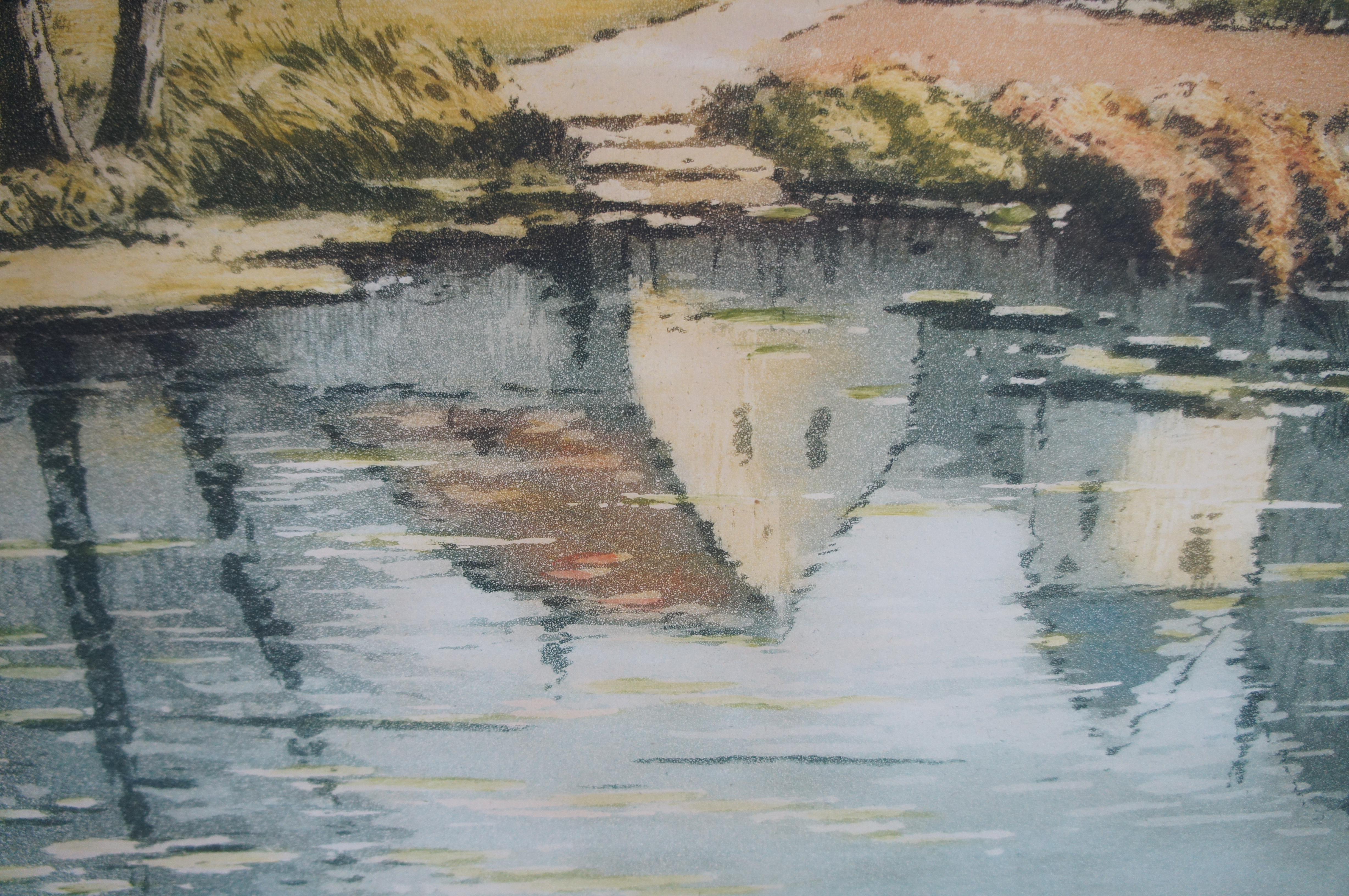 Deutsche handsignierte farbige Radierung European Cottage River Landscape 18