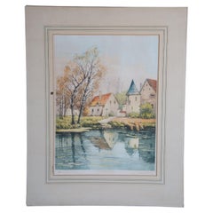 Vintage German Hand Signed Colored Etching European Cottage River Landscape 18"