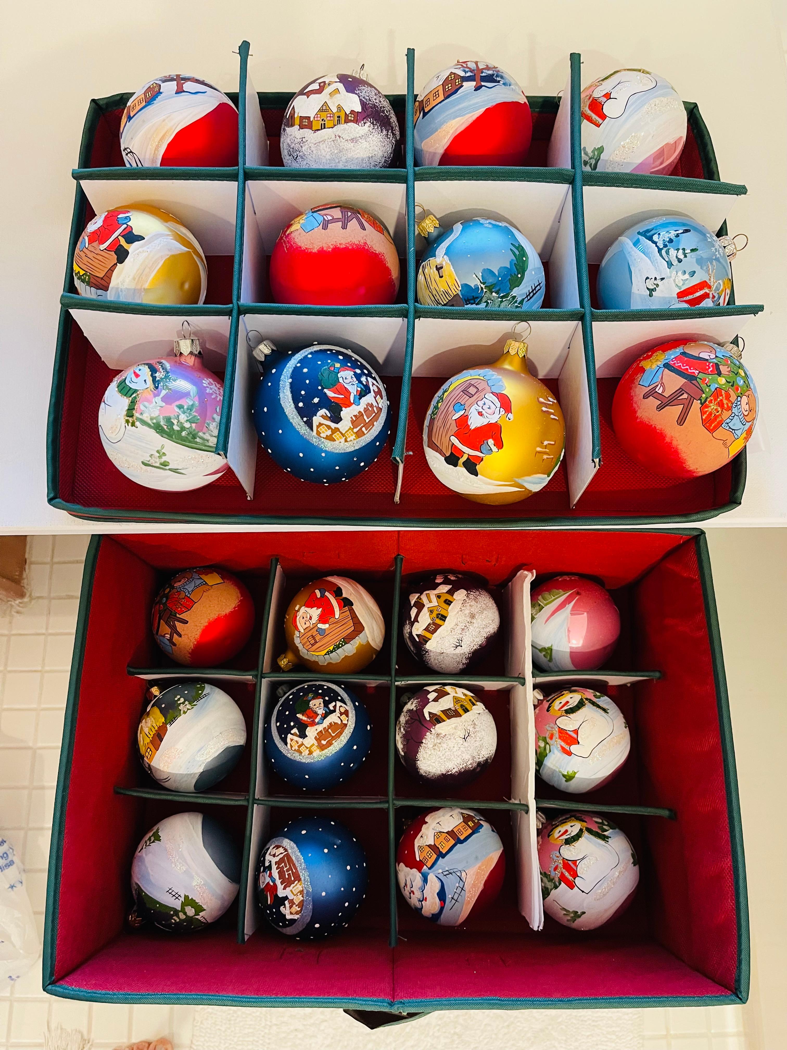 Vintage large set of 24 pcs 3,5” large Christmas Ornaments balls, made in old European tradition- blown glass silvered from inside and Handpainted outside. Santa’s, snowmen, teddy bears, winter landscape scenes. Unique rare collectible set. Comes