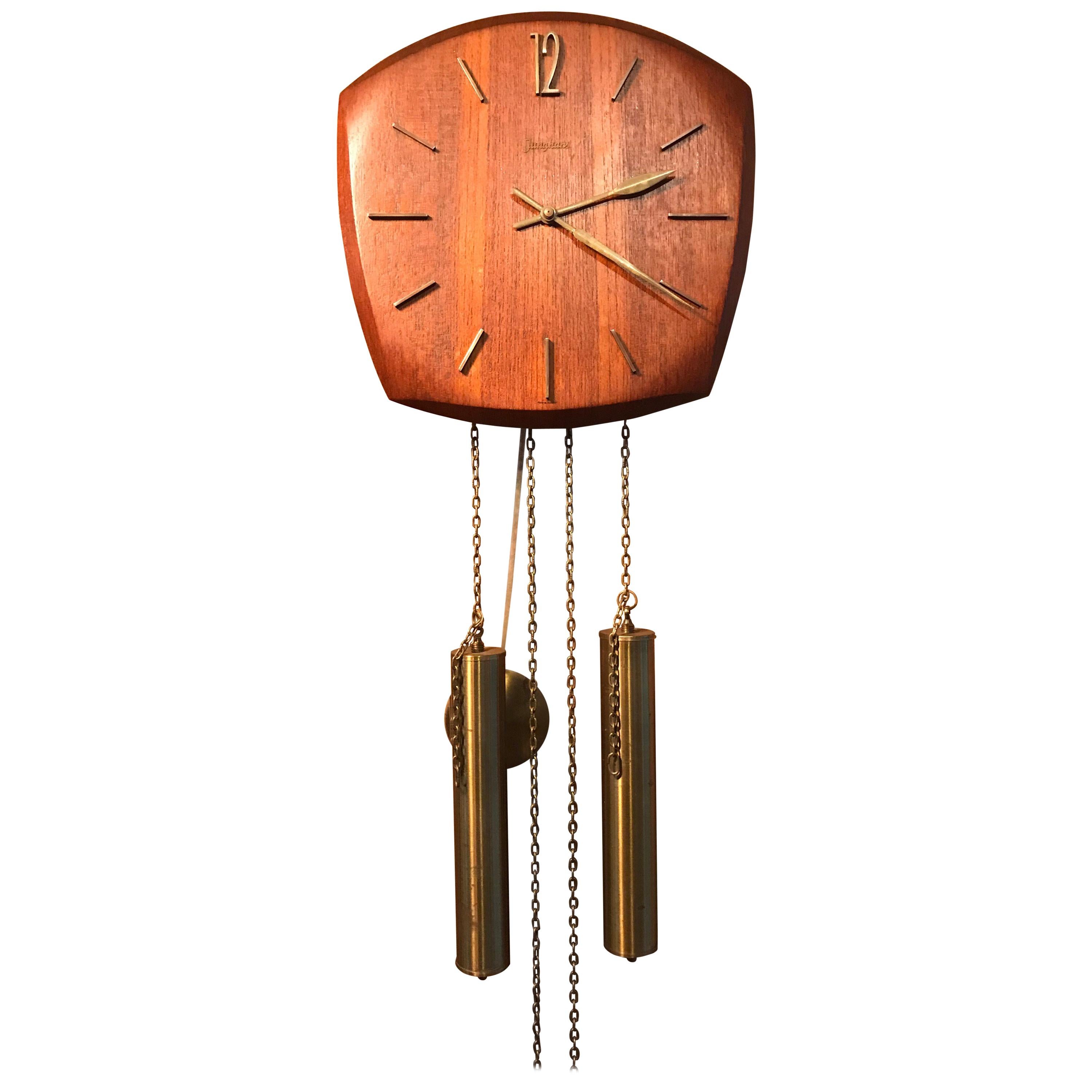 Vintage German Junghans Pendulum Wall Clock in Teak and Brass