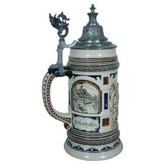 Vintage German Lidded Ceramic Beer Stein Tavern Scene & Landscapes 1L 12"