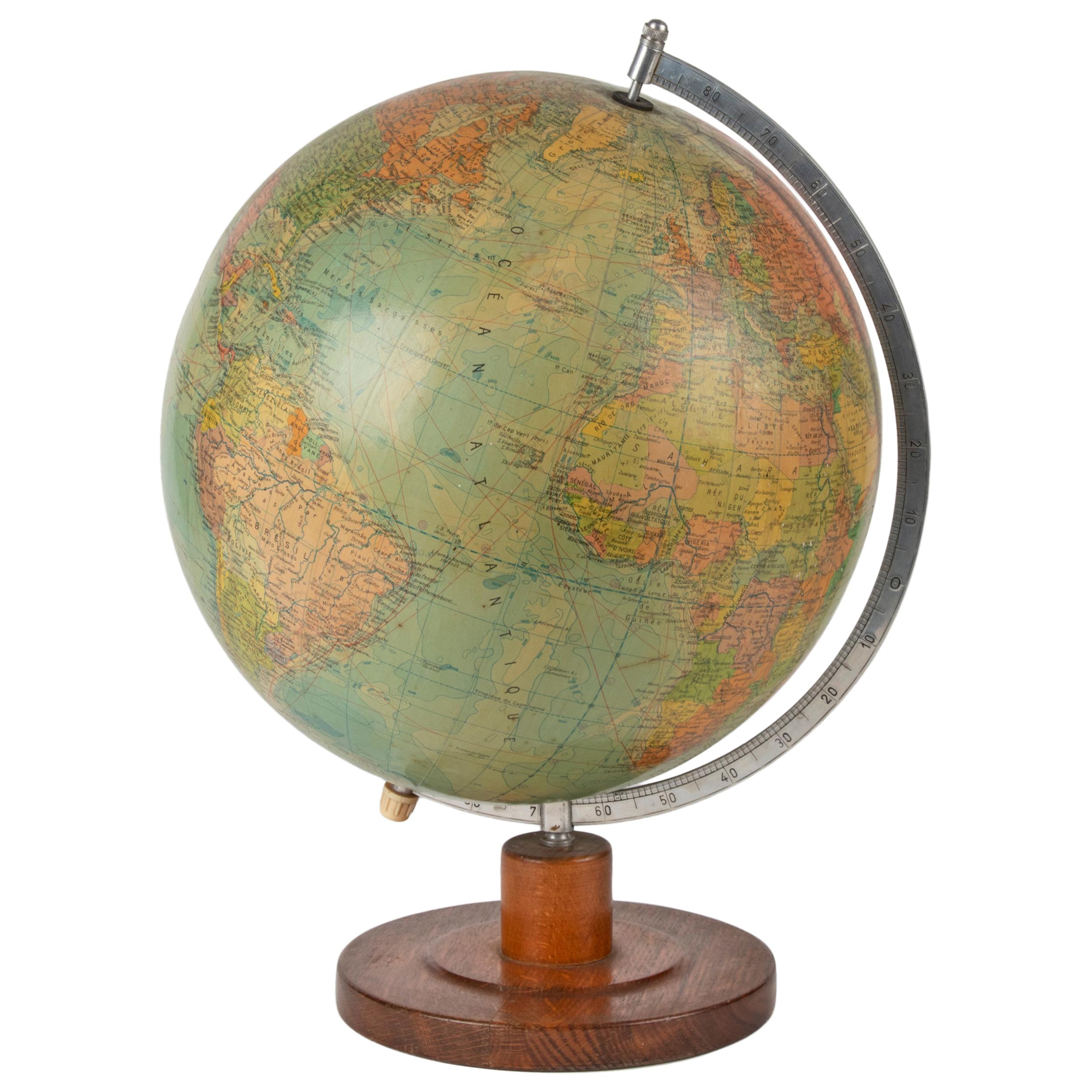 Vintage German Made Globe, Globe Terrestre Wooden Base For Sale