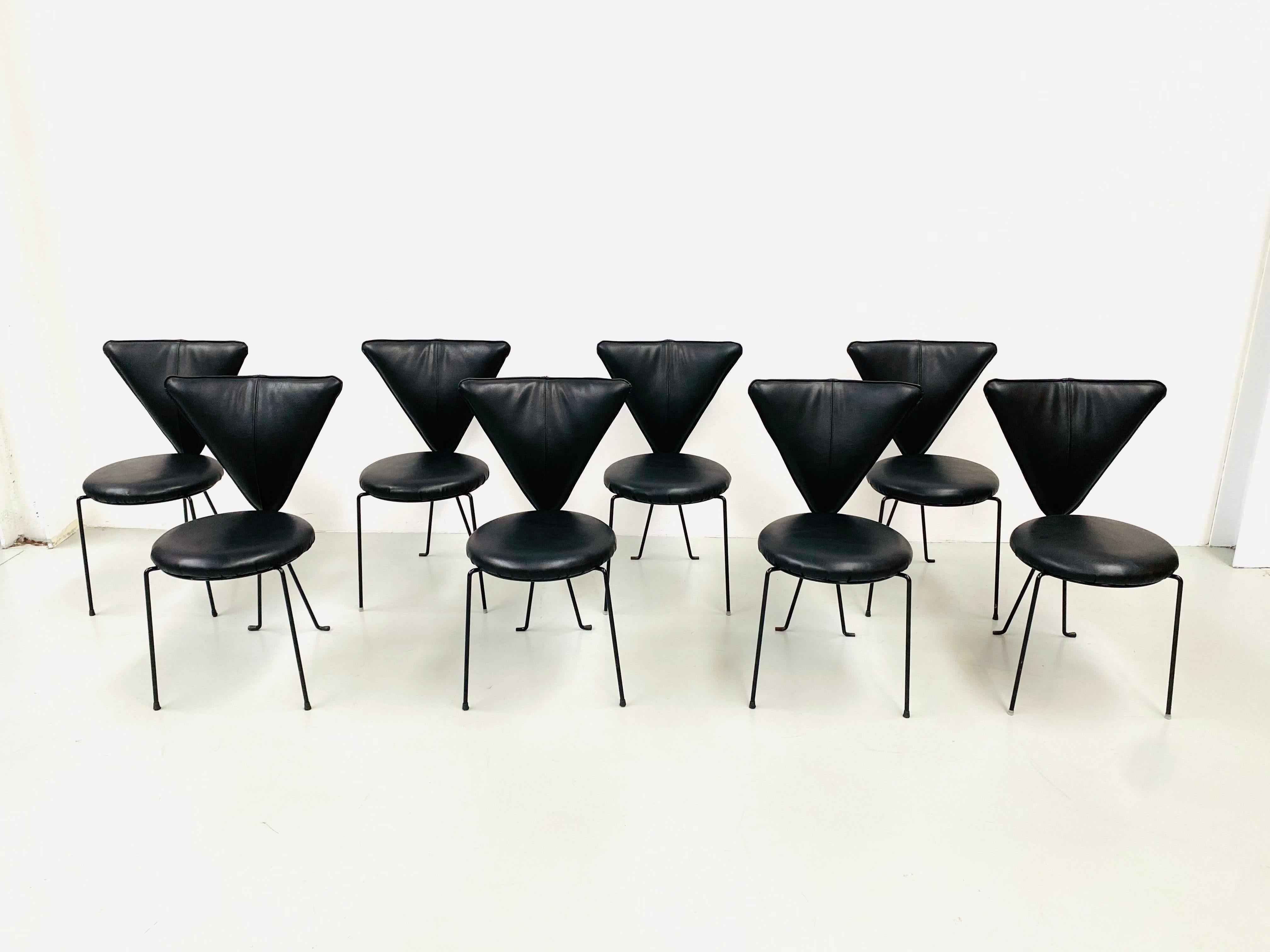 These 8 chairs were designed and manufactured by Helmut Lübke in the eighties. Each chair has its own serial number and the Lübke logo under the seat. Helmut Lübke was also the founder of the upholsterered furniture manufacturer COR.