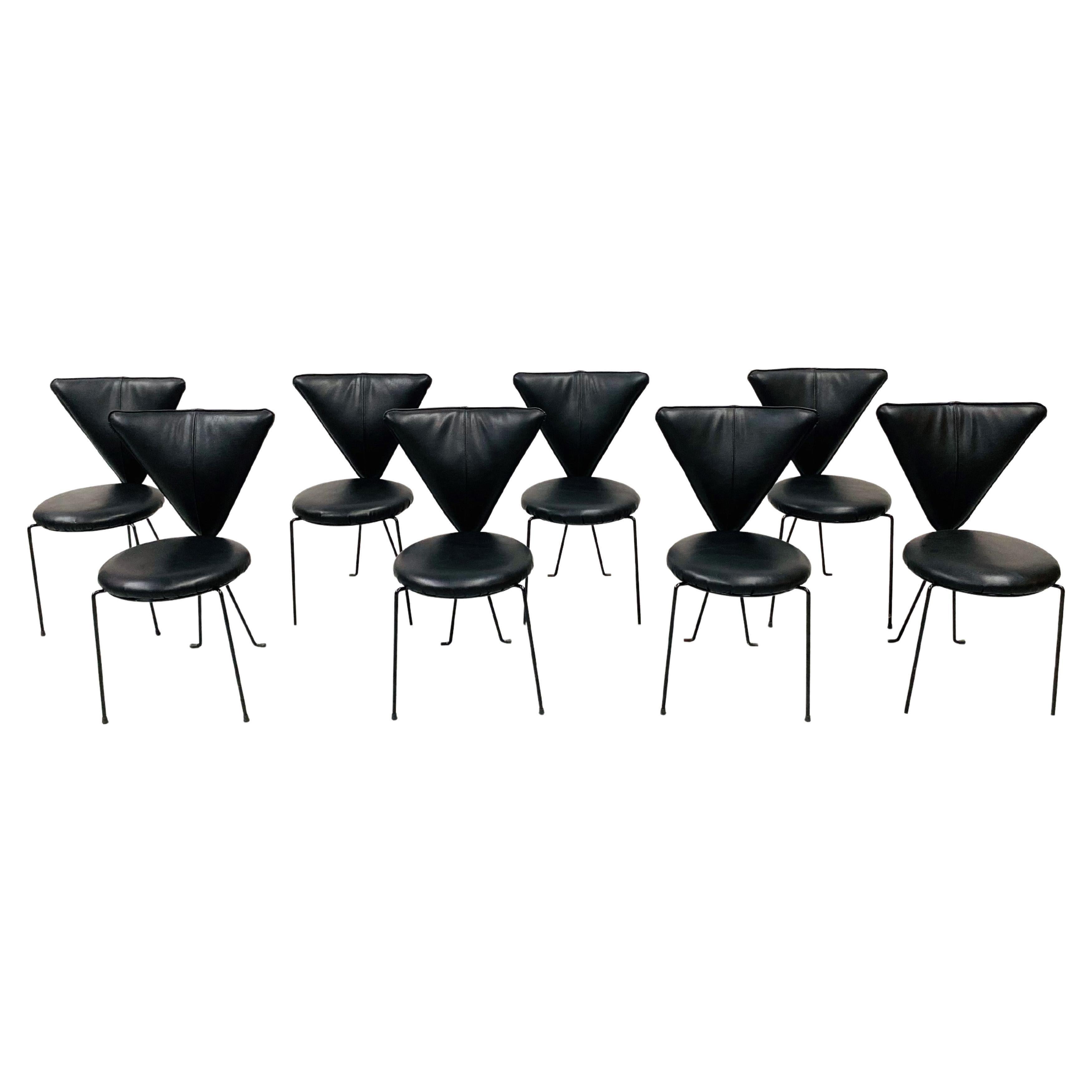 Vintage German Memphis Chairs in Black Leather by Lübke & Co., 1980s, Set of 8 In Good Condition In Eindhoven, Noord Brabant