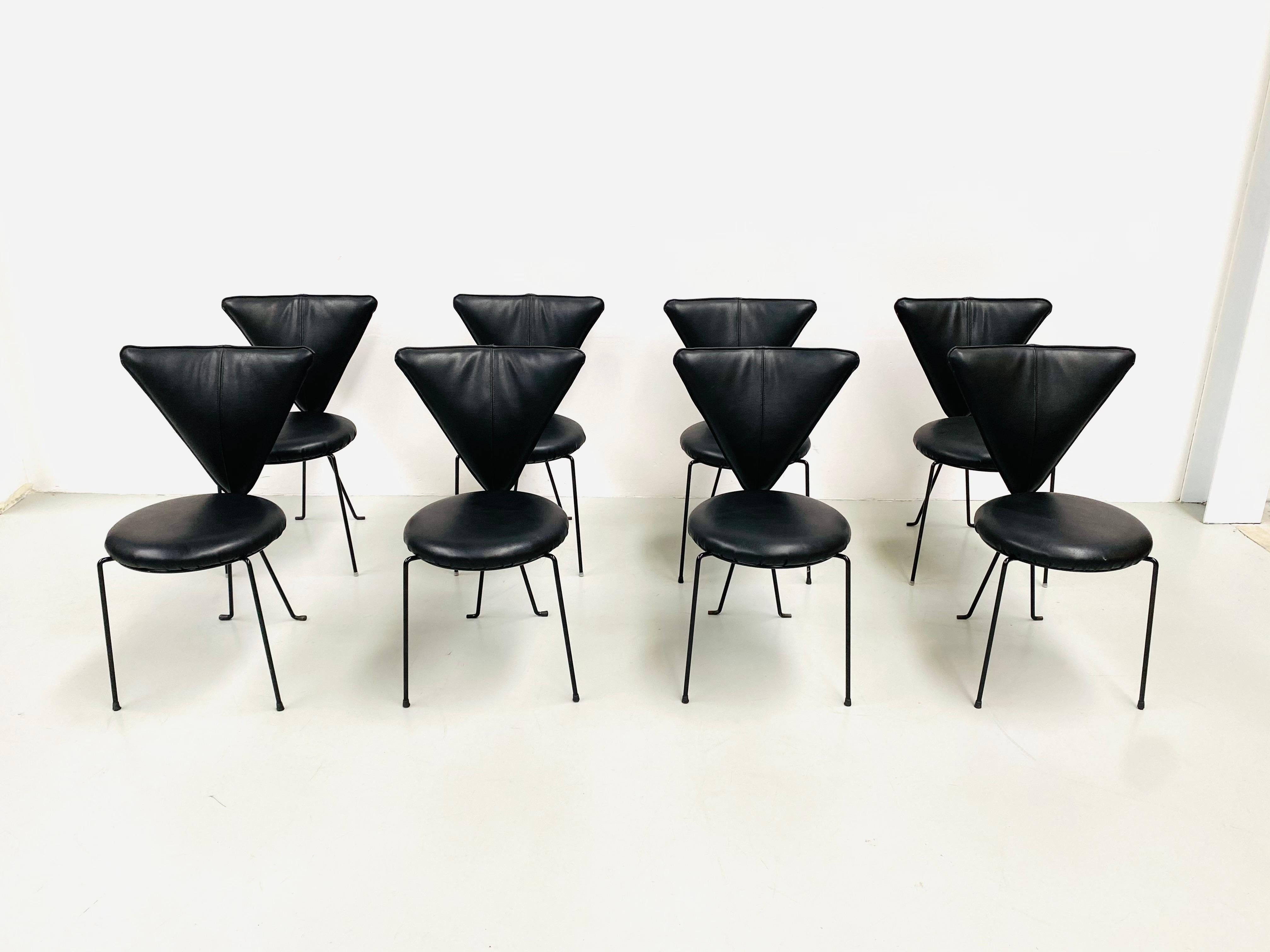 Vintage German Memphis Chairs in Black Leather by Lübke & Co, 1980s, Set of 8 1