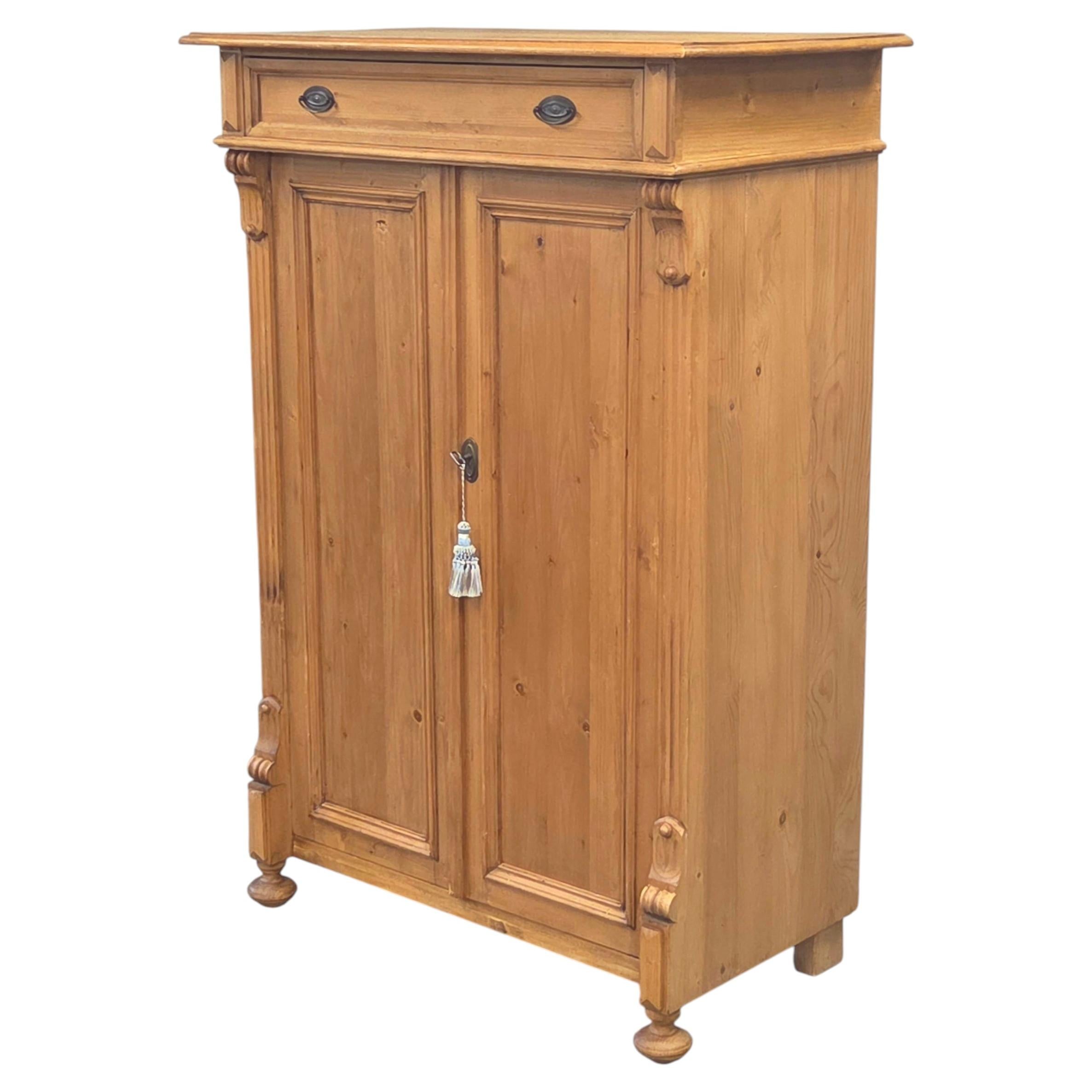 Vintage German Natural Pine Tall Cabinet Cupboard For Sale