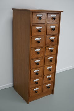 Vintage German Oak Apothecary Cabinet with Enamel Shields, 1940s