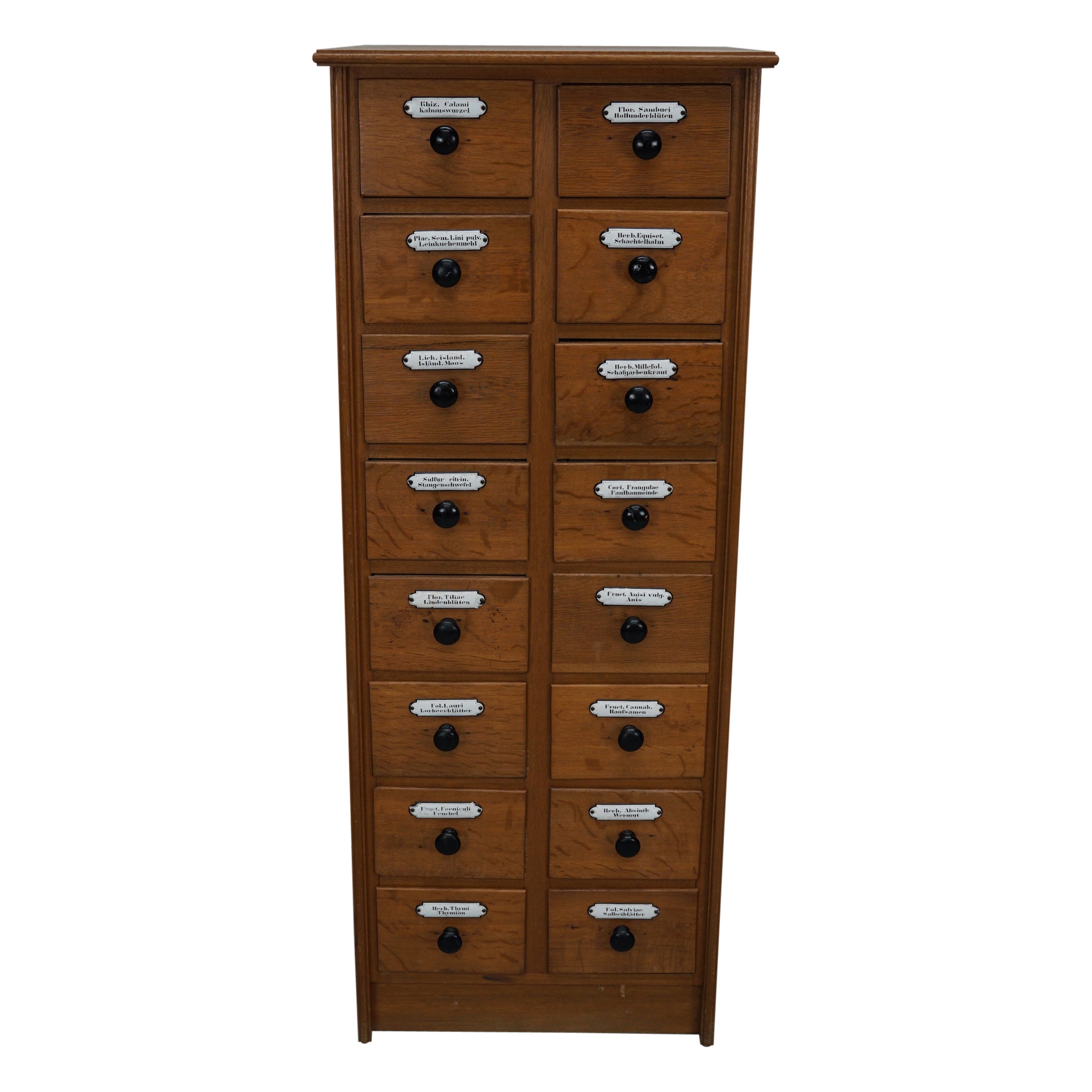 Vintage German Oak Apothecary Cabinet with Enamel Shields, 1940s