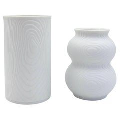 Vintage German Op-Art Vase Set in White Bisque Porcelain with Wood Grain Decor
