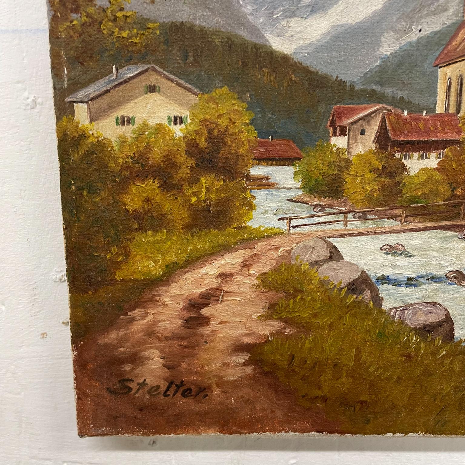 1950s Vintage German Painting Small Oil on Canvas Scenic Landscape by Stelter In Good Condition In Chula Vista, CA