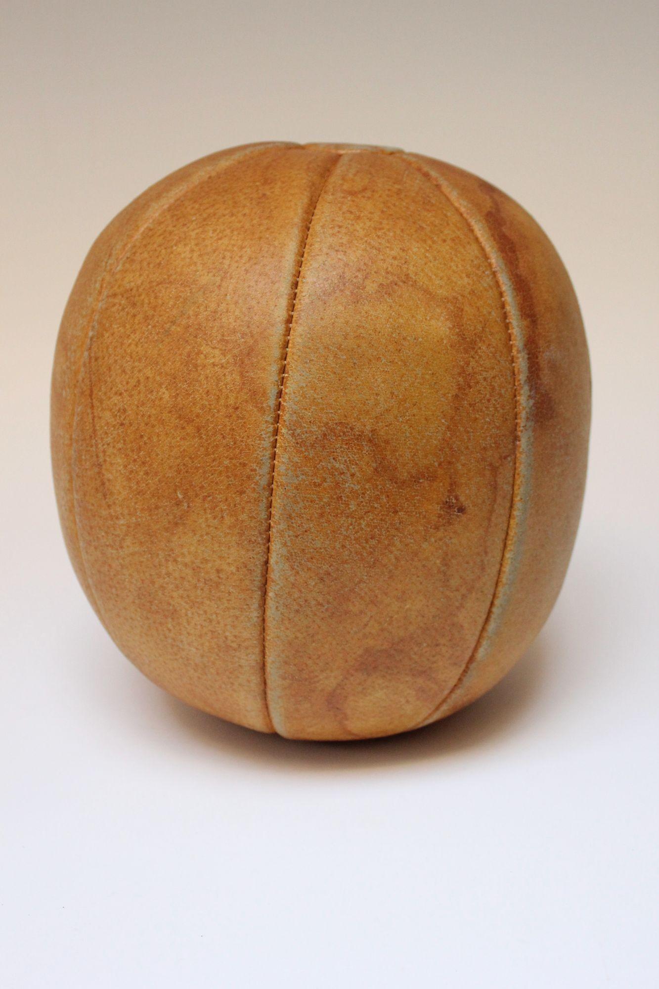 Vintage German Patinated Leather Medicine Ball In Distressed Condition For Sale In Brooklyn, NY