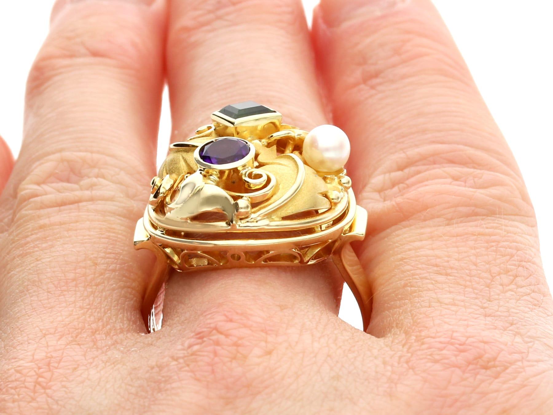 Vintage German Pearl Tourmaline Amethyst and 14k Yellow Gold Dress Ring For Sale 5