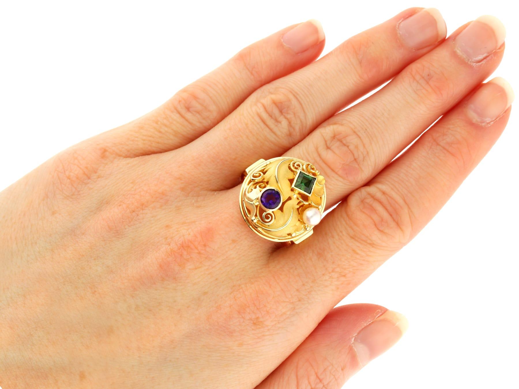 Vintage German Pearl Tourmaline Amethyst and 14k Yellow Gold Dress Ring For Sale 3